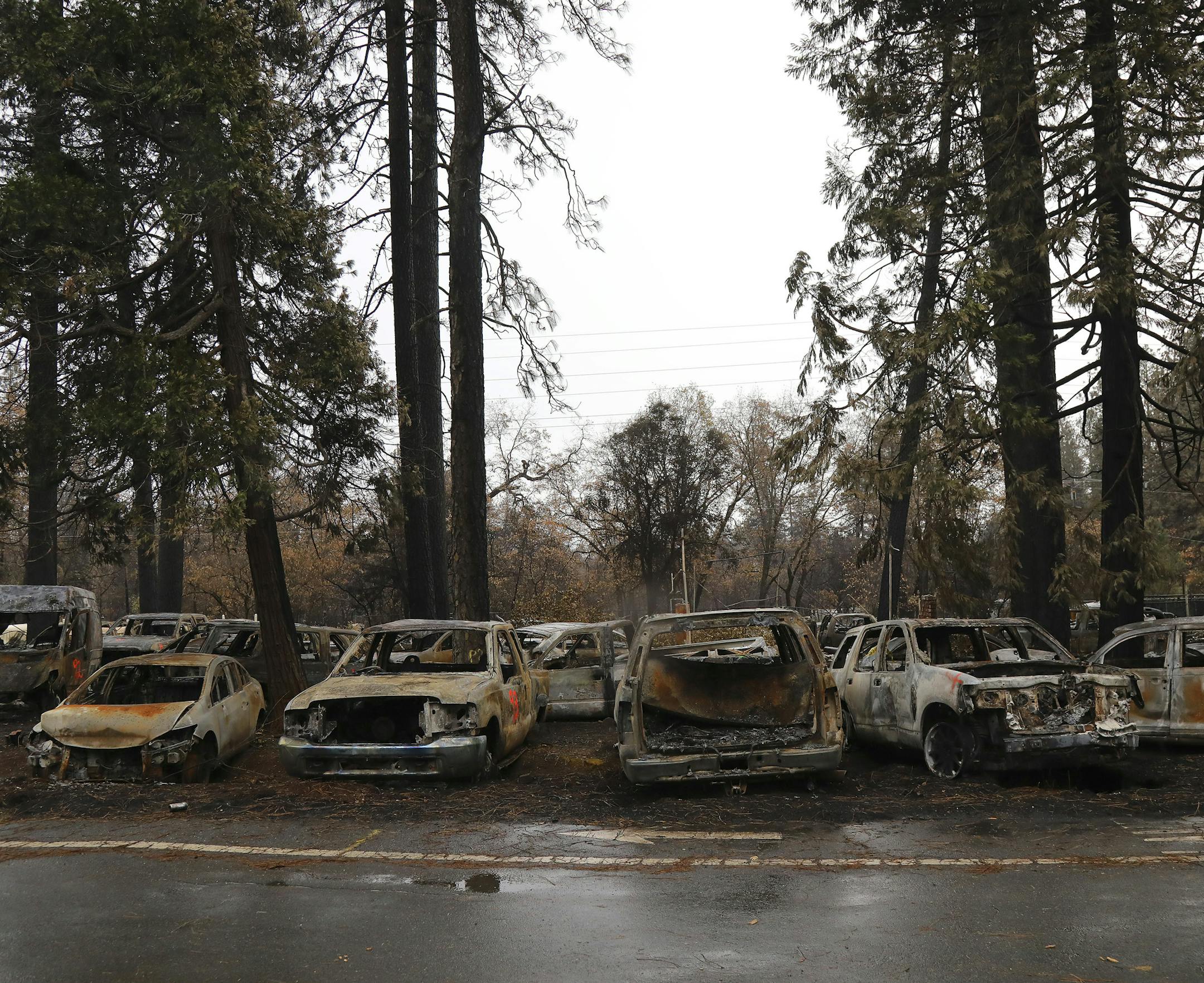 FILE -- Burned cars on a lot in Paradise, Calif., Nov. 13, 2018. The search of nearly 18,000 fire-ravaged structures has not settled the question of why nearly 200 people remain on the list of the missing.CreditCredit (Jim Wilson/The New York Times)