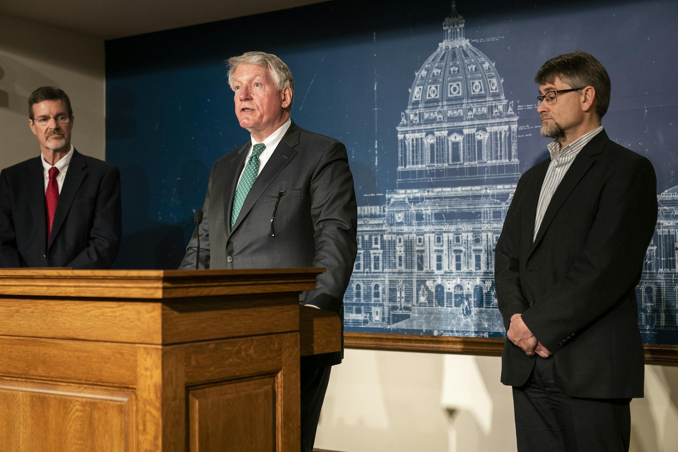 Minnesota Department of Commerce commissioner Steve Kelley, center, with assistant commissioner Daniel Huff, right, and Department of Commerce safer product chemical coordinator Alister Innes, left, spoke during a press conference. ] LEILA NAVIDI • leila.navidi@startribune.com BACKGROUND INFORMATION: Minnesota Department of Commerce commissioner Steve Kelley announced a ban on certain spinning battle toys that have been found to contain a dangerous amount of lead and cadmium during a press confe