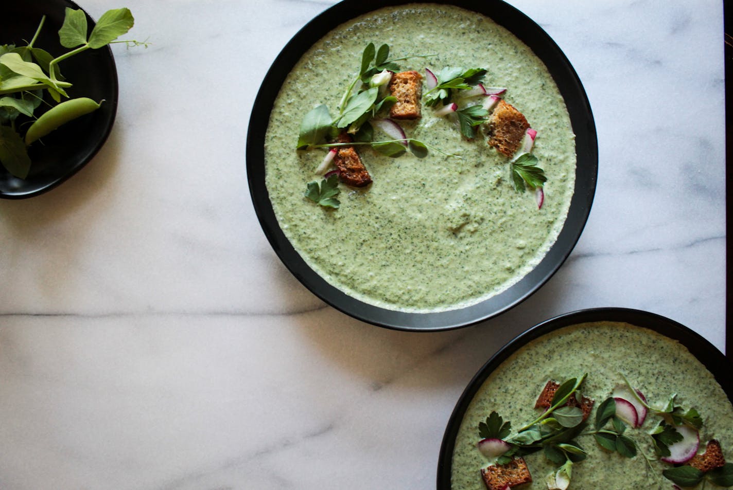 Garnish a cool lettuce soup with radishes, herbs, croutons — anything that strikes your fancy. Recipe by Beth Dooley, photo by Ashley Moyna Schwickert