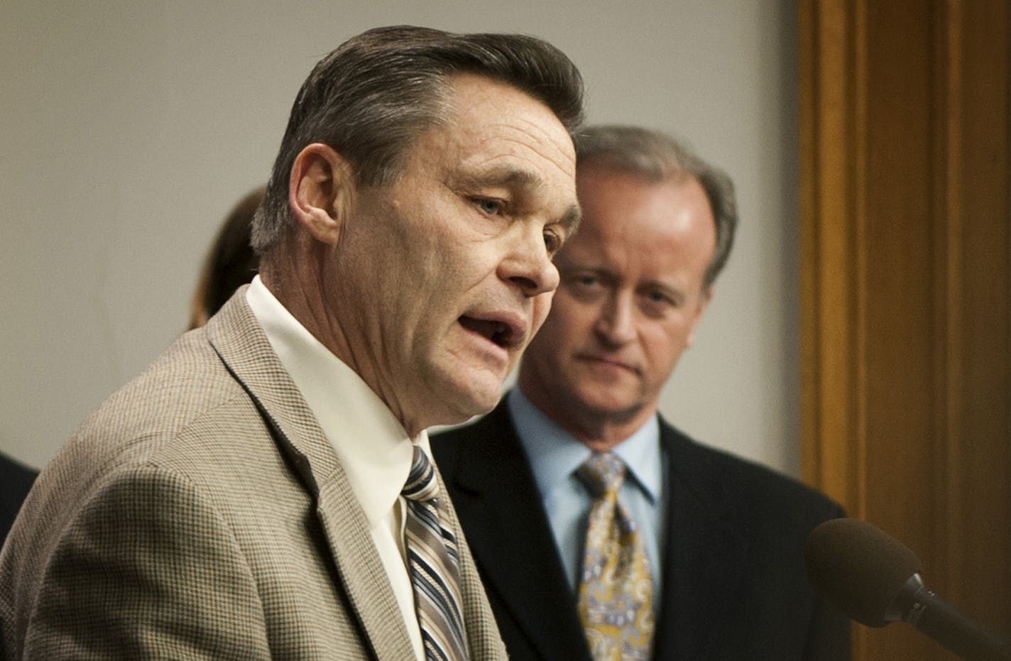 Senator Warren Limmer, right, looked on as Rep. Glenn Gruenhagen cited studies saying "there is no gay gene" as one of the reasons he opposes a same-sex marriage bill. Wednesday, February 27, 2013. ] GLEN STUBBE * gstubbe@startribune.com