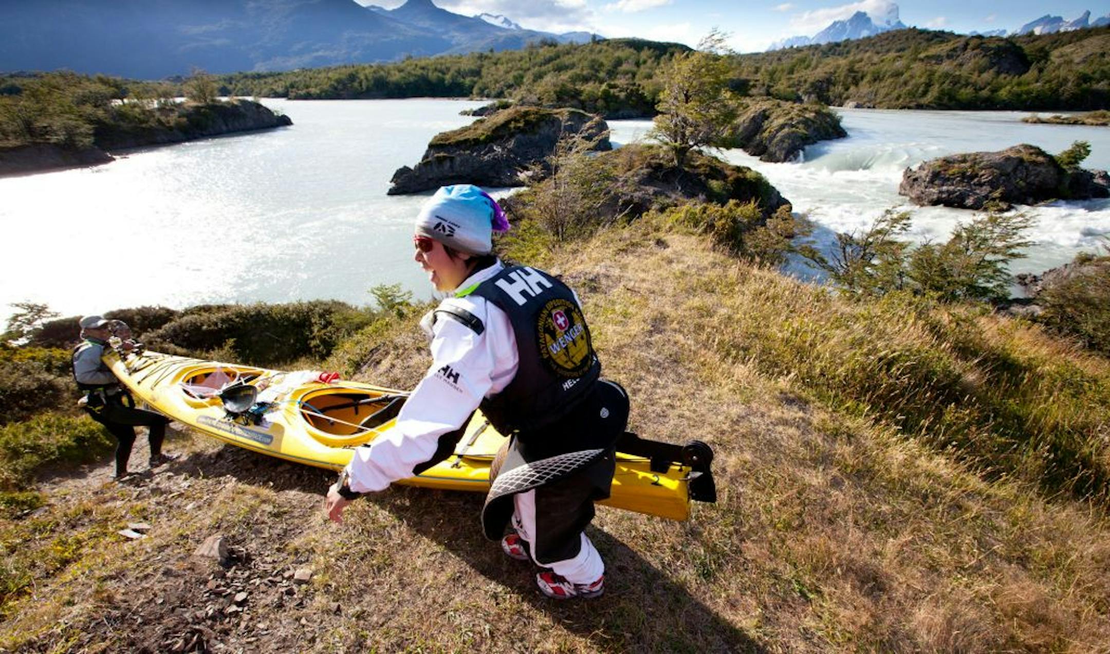 Japanese team members portaged their kayak during the 2011 Wegner Patagonian Expedition Race, 10 days after trekking, biking and kayaking through true wilderness at the southern tip of the Earth.