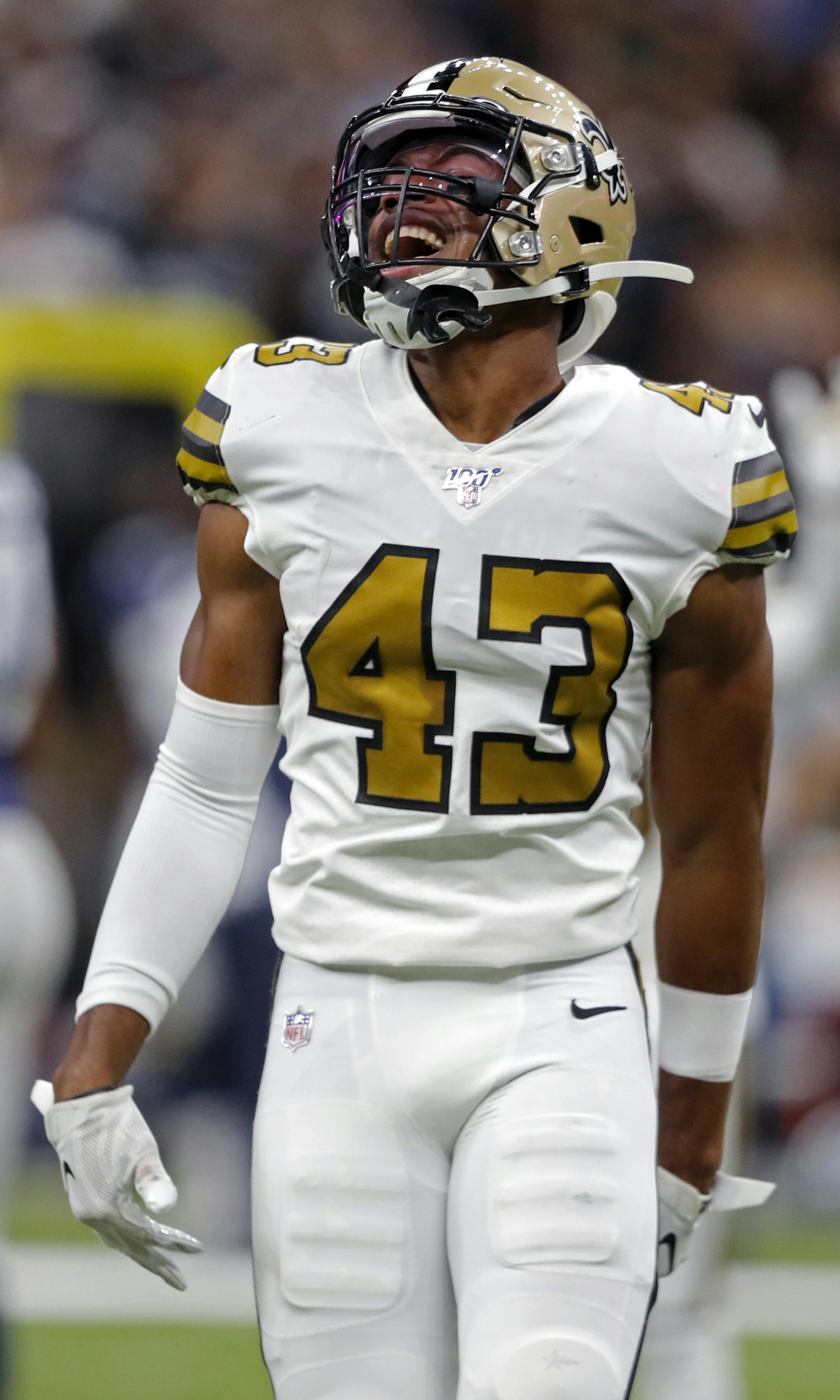 New Orleans Saints free safety Marcus Williams (43) reacts after a turnover in the first half of an NFL football game against the Dallas Cowboys in New Orleans, Sunday, Sept. 29, 2019. (AP Photo/Bill Feig)
