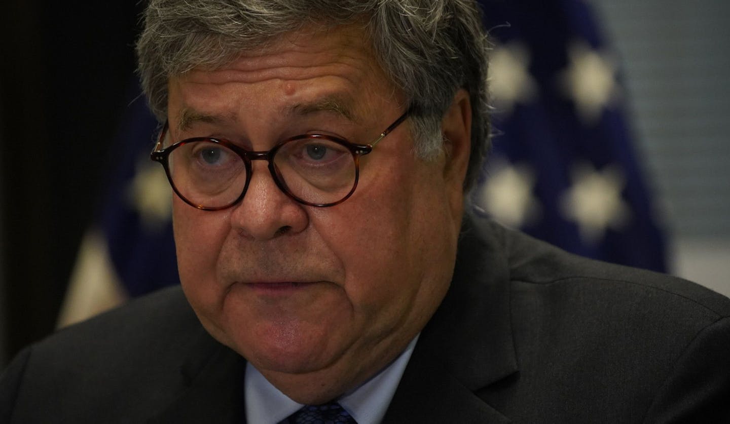 In this file photo, Attorney General William Barr provides an update on Operation Legend on Sept. 9, 2020, at a news conference at the Dirksen U.S. Courthouse in Chicago. Barr has repeatedly floated a conspiracy theory that other countries may distribute counterfeit mail-in ballots to sway the November election. (E. Jason Wambsgans/Chicago Tribune/TNS) ORG XMIT: 1770103