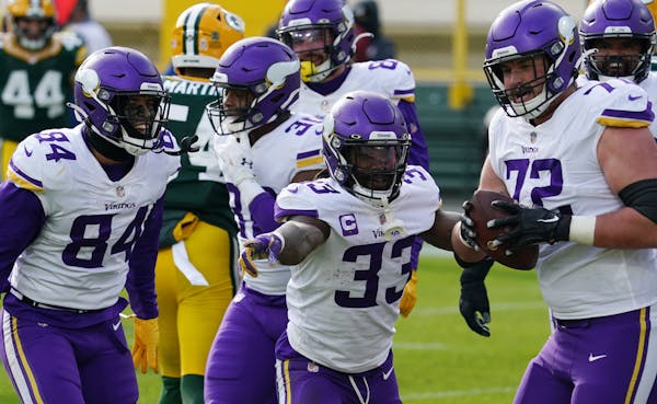 The Vikings celebrated one of Dalvin Cook's four touchdowns against Green Bay.
