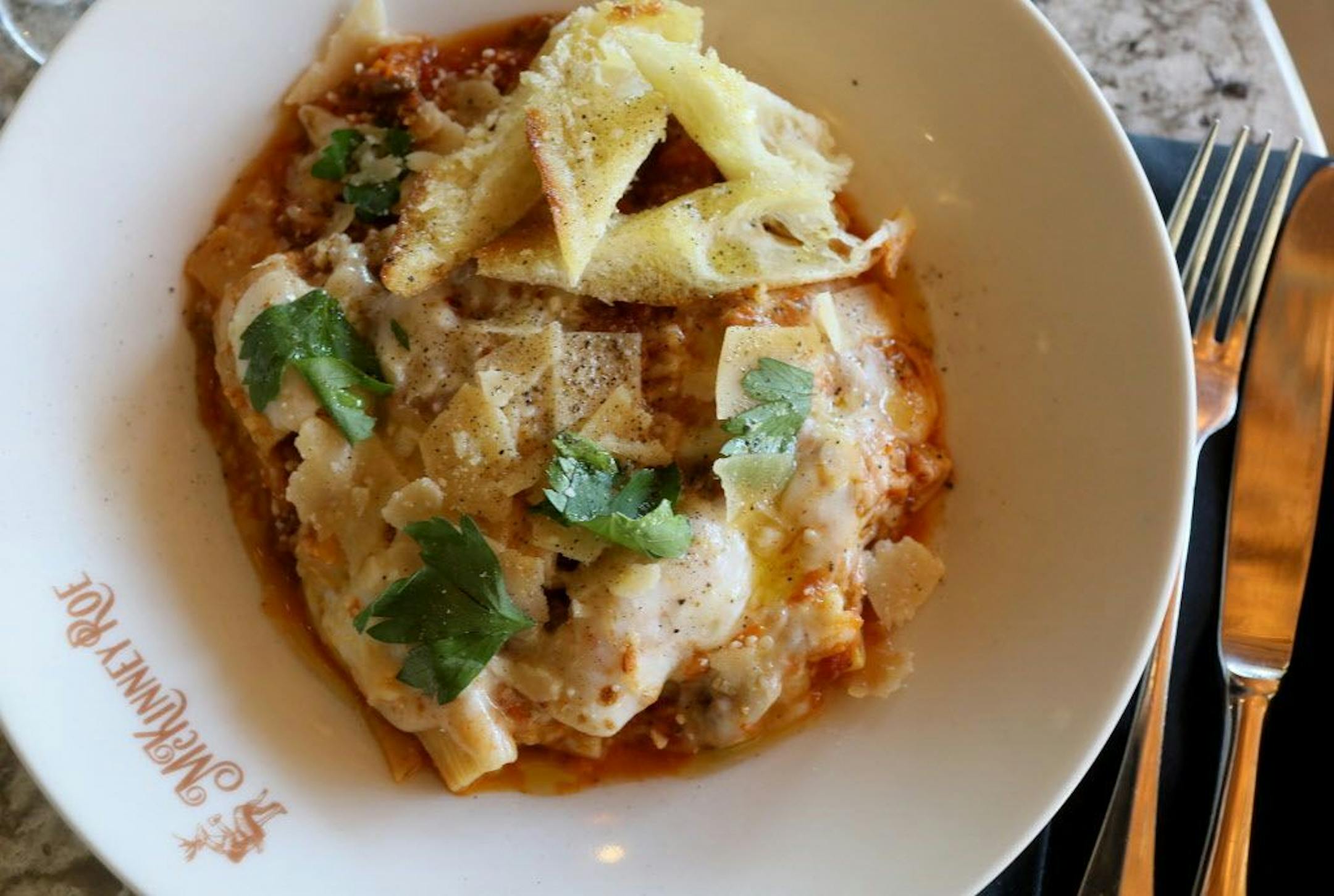 Rigatoni alla Bolgonese at McKinney Roe with baked rigatoni, bolognese sauce, mozzarella and grilled herb garlic bread Thursday, Nov. 1, 2018, in Minneapolis, MN.