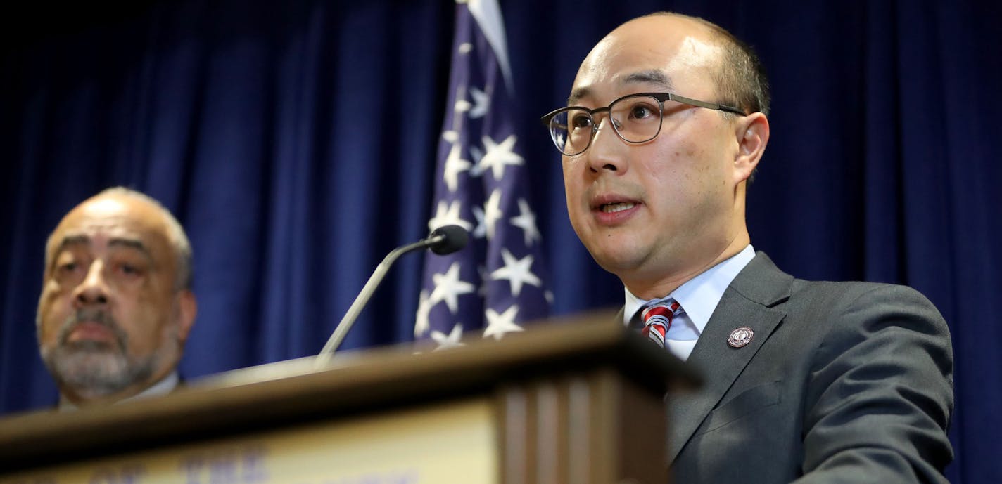 Ramsey County attorney John Choi announced that officer Jeronimo Yanez will face three charges for killing Philando Castile on July 6. "No reasonable officer would have used deadly force under these circumstances, " Choi said during a press conference Wednesday, Nov. 16, 2016, at the Ramsey County attorney general's office in St. Paul, MN. Standing next to Choi was Don Lewis, special prosecutor in the case.] (DAVID JOLES/STARTRIBUNE)djoles@startribune.com Ramsey County attorney John Choi announc