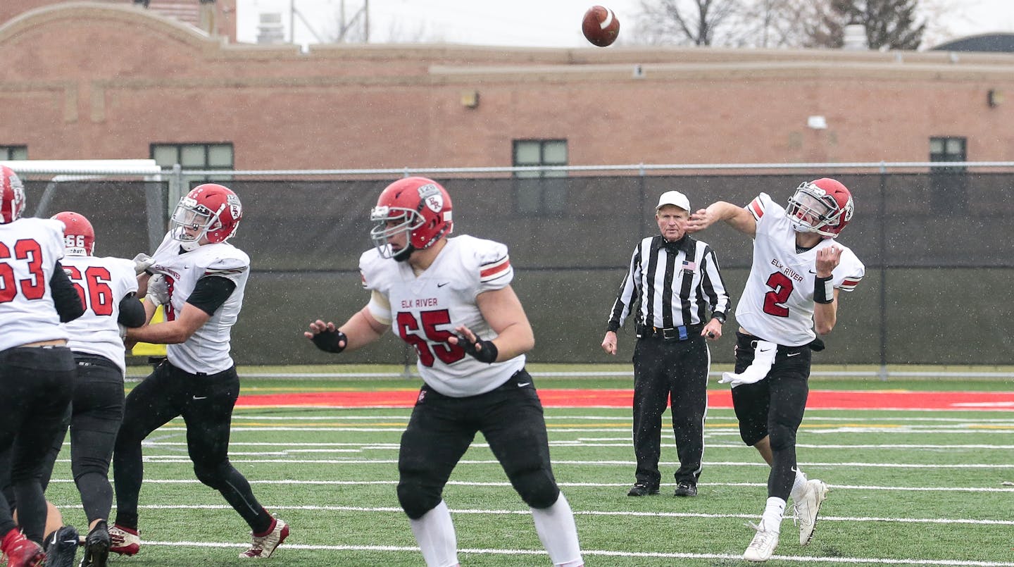 Elk River quarterback Beau Ruby completed the only pass he threw all game, connecting with teammate Carter Otto for a game-winning 57-yard touchdown in the final seconds of a Class 5A quarterfinal game for a 58-55 victory against Moorhead on Nov. 9 at Monticello High School. Photo by Cheryl A. Myers, SportsEngine