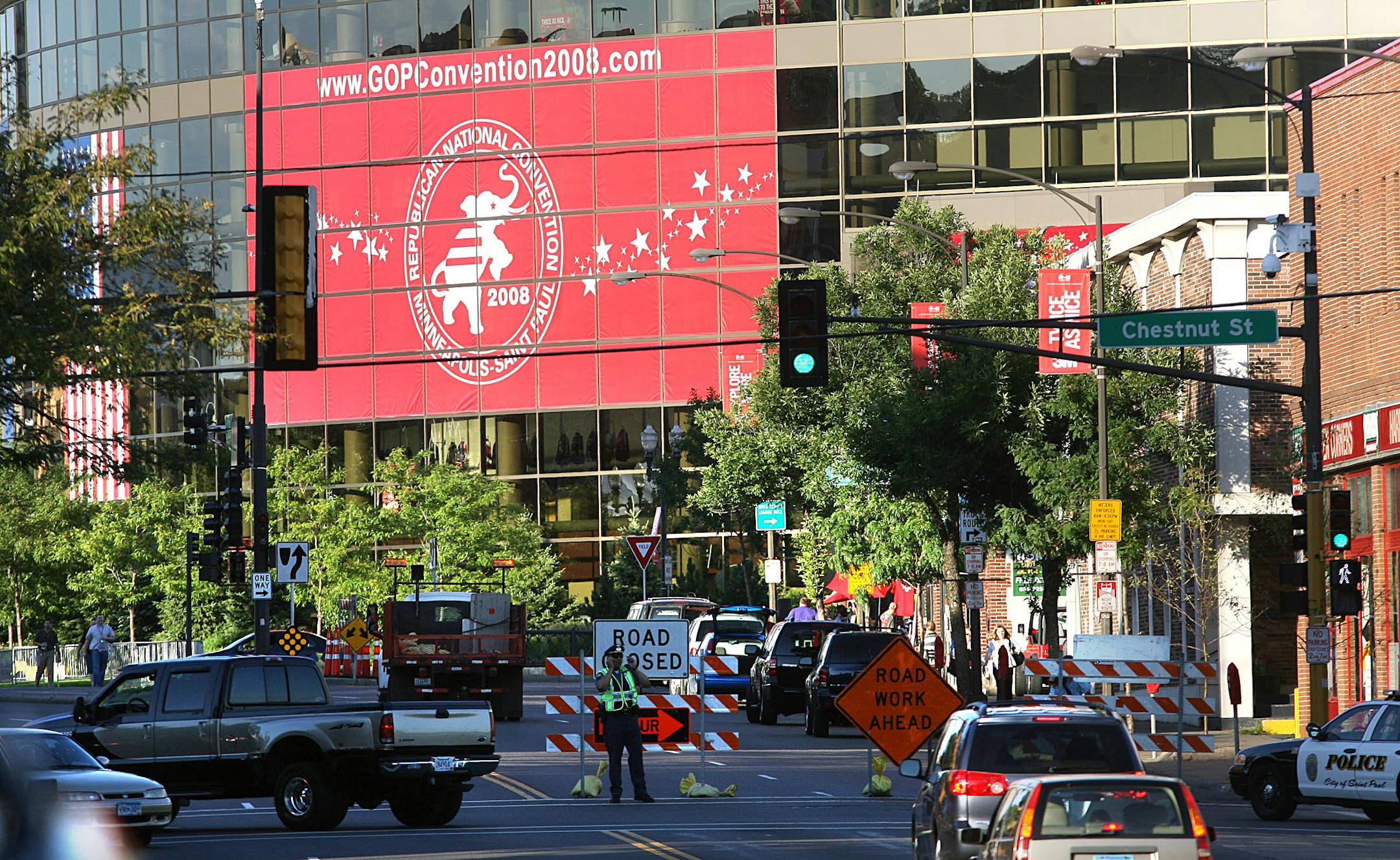 Authorities began closing roads and diverting traffic along W. 7th and Chestnut Streets in St. Paul near the Xcel Energy Center on Friday in preparation for the start of the Republican National Convention on Monday. A perimeter around the facility will be open only to foot traffic.