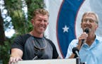 GOP candidate for Lt. Governor Matt Birk, left and Gubernatorial candidate Scott Jensen held a press conference with supporters at the State Fair in S