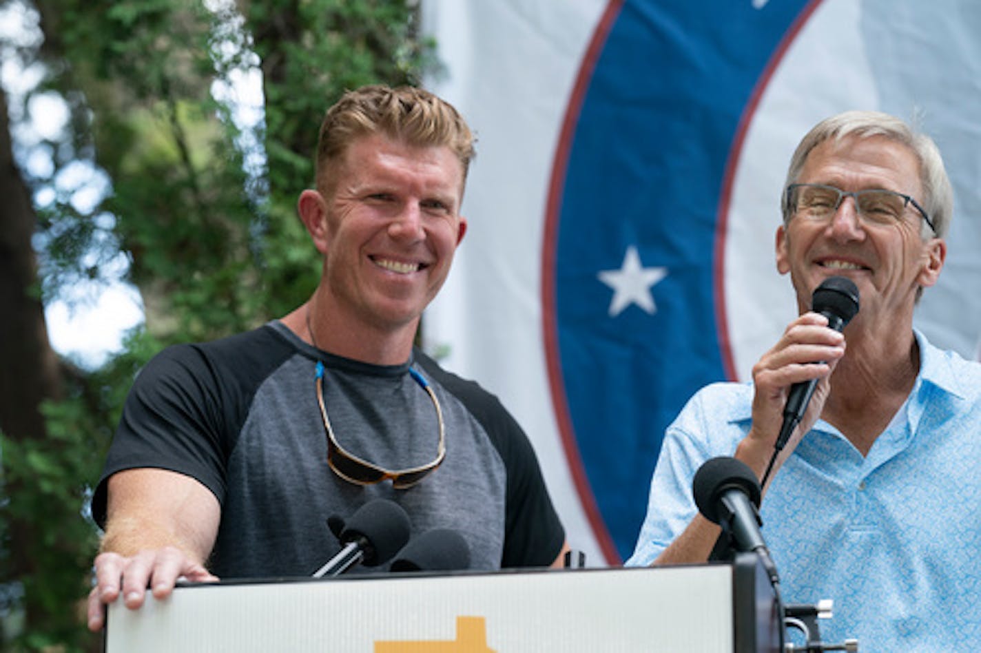 GOP candidate for Lt. Governor Matt Birk, left and Gubernatorial candidate Scott Jensen held a press conference with supporters at the State Fair in St. Paul.,Minn. on Tuesday Aug 30, 2022.