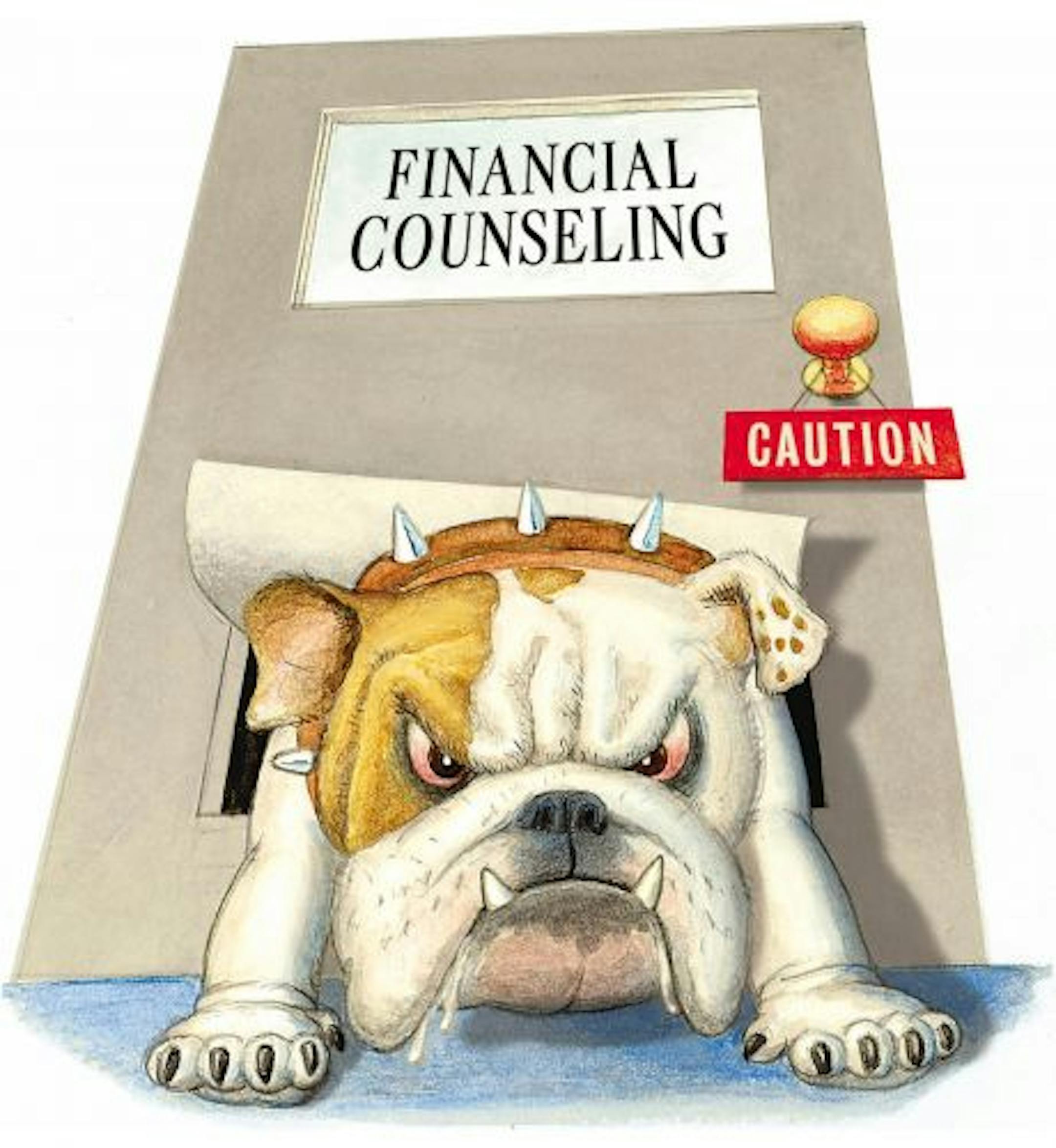 300 dpi 3 col x 6.25 in / 146x159 mm / 497x540 pixels Ray Bubel color illustration of a fierce bulldog with a spiked collar emerging from a ""Financial Counseling"" office door. For use with stories about counseling programs that may put the consumer at risk. Miami Herald 2002 <p> KEYWORDS: financial counseling bulldog bull dog planning risk 2002 illustration ilustracion grabado contributed mi bubel credit caution bulldog guard finance advisor finanzas debt risk riesgo money dinero interest rate