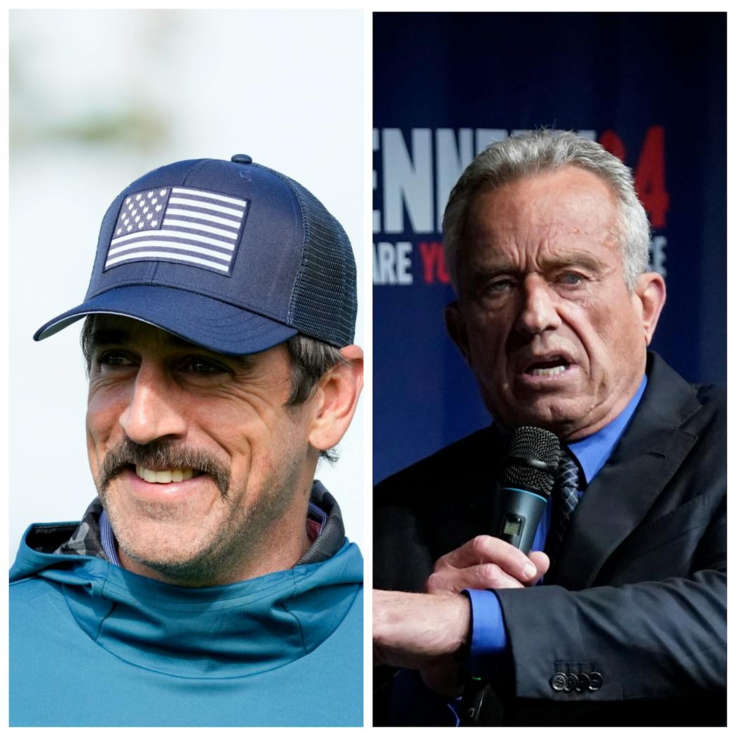 New York Jets and former Green Bay quarterback Aaron Rodgers, left, also is reportedly among potential running mates favored by Robert F. Kennedy Jr., right.