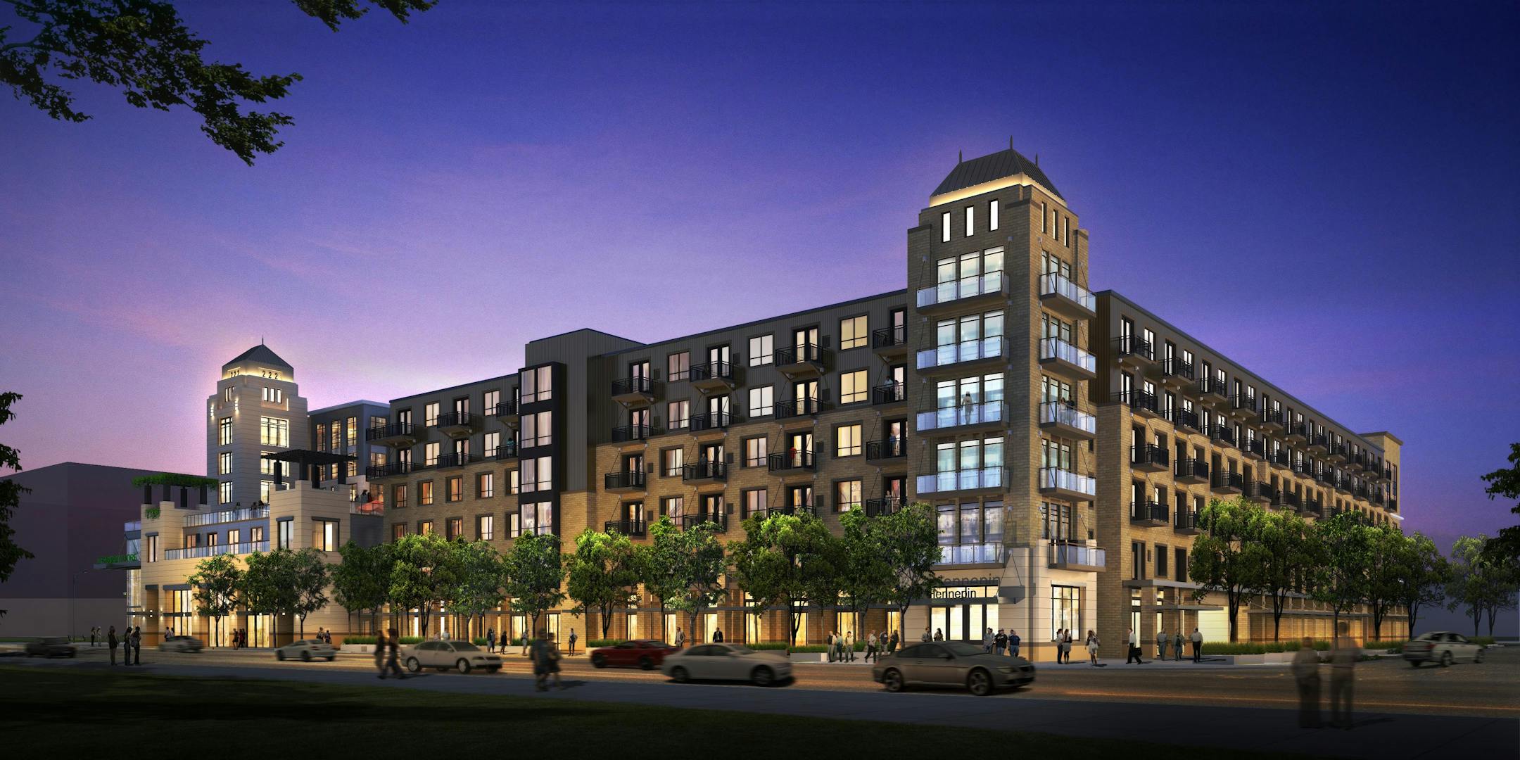 The first images of a new $70 million apartment-grocery complex headed for the vacant Jaguar dealership spot in downtown Minneapolis have surfaced in city filings.