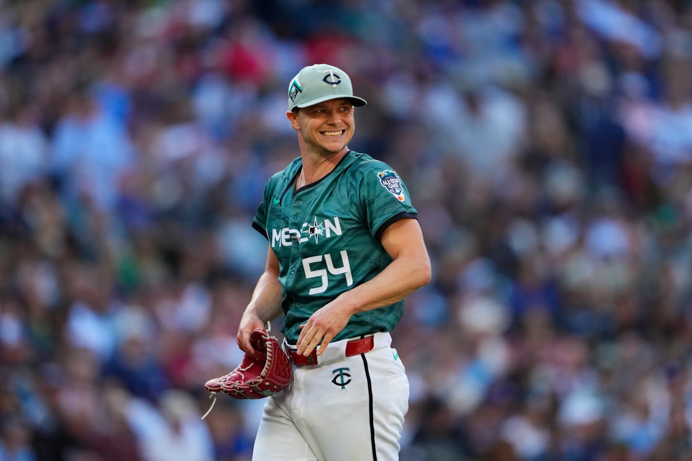 American League's Sonny Gray (54), of the Minnesota Twins, walks off the mound after pitching in the third inning of the MLB All-Star baseball game in Seattle, Tuesday, July 11, 2023. (AP Photo/Lindsey Wasson)