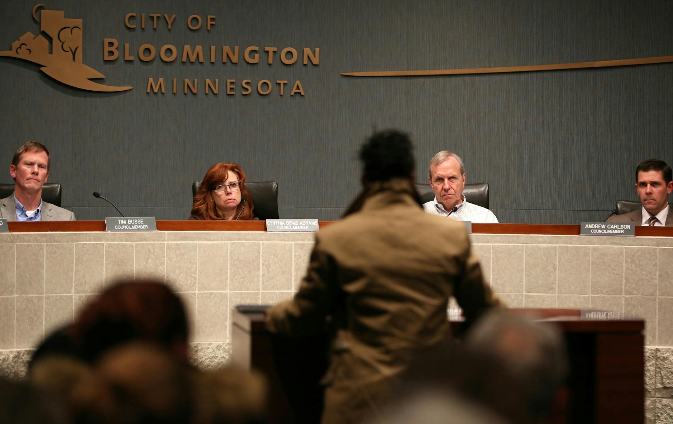 Bloomington City Council members listened to public comments mostly encouraging the city to drop charges on protesters at the Mall of America Black Lives Matter demonstration in December, on Monday, January 5, 2014 in Bloomington, Minn. ] RENEE JONES SCHNEIDER ‚Ä¢ renee.jones@startribune.com