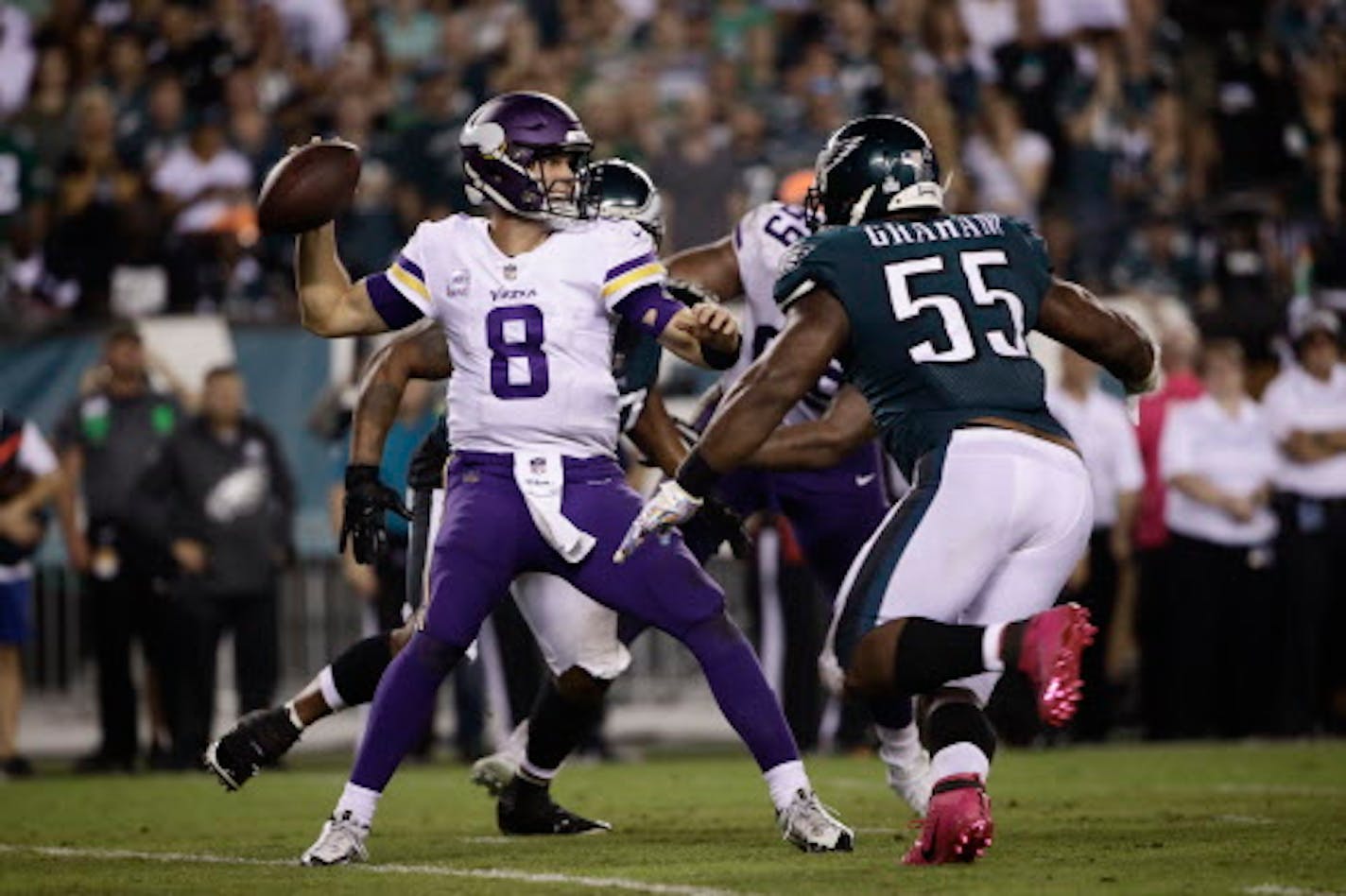 Minnesota Vikings' Kirk Cousins in action during the second half of an NFL football game against the Philadelphia Eagles, Sunday, Oct. 7, 2018, in Philadelphia. (AP Photo/Matt Rourke)