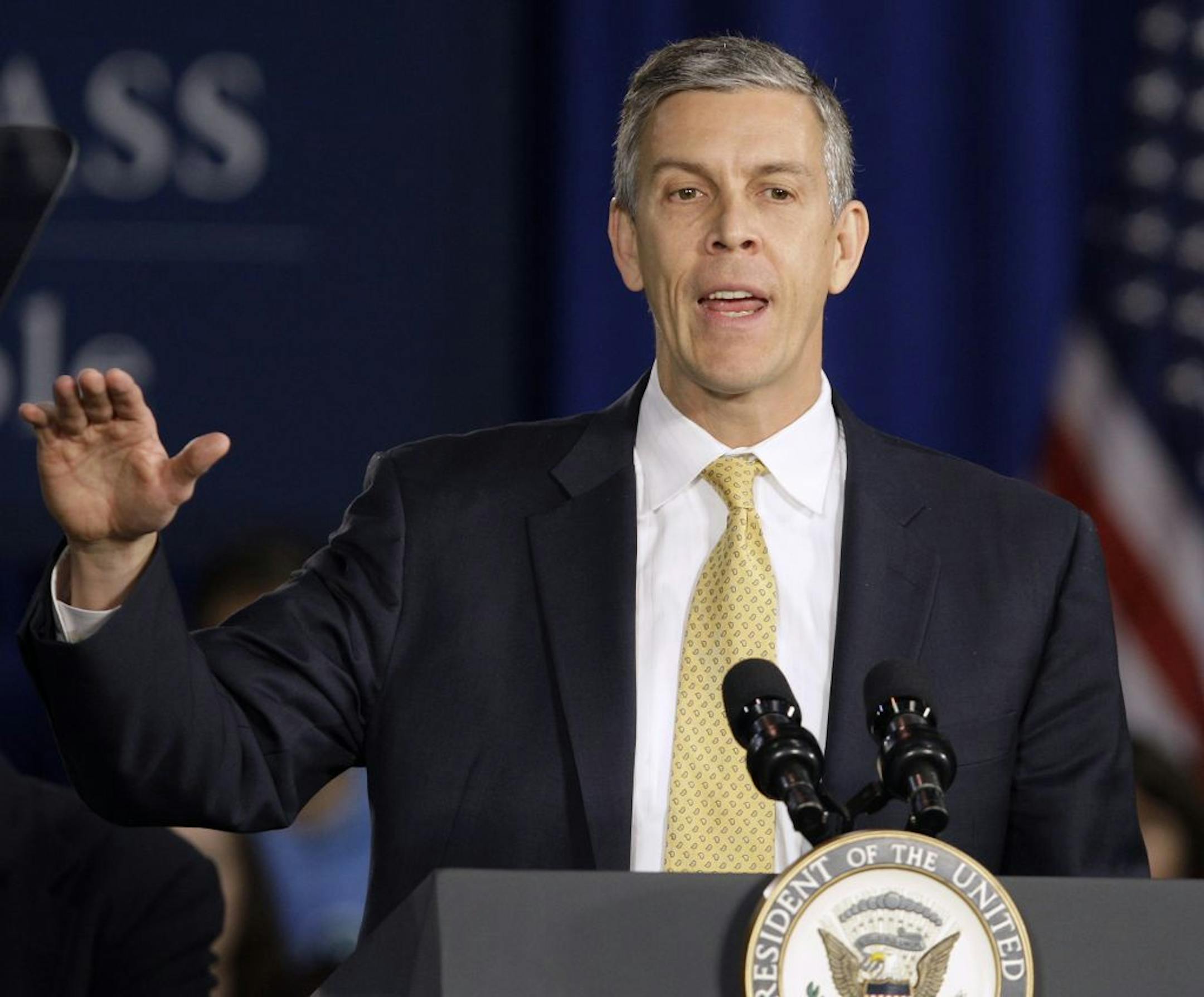 HOLD FOR RELEASE ON MONDAY, DEC. 3, 2012, AT 12:01 EST AND THEREAFTER. PHOTO SHOULD NOT BE PUBLISHED ONLINE OR BROADCAST UNTIL MONDAY, DEC. 3, 2012, AT 12:01 EST - FILE - In this Jan. 12, 2012, file photo, Education Secretary Arne Duncan speaks at Lincoln High School in Gahanna, Ohio. School for thousands of public school students is about to get quite a bit longer. Five states announced Monday, Dec. 3, 2012, they will add at least 300 hours of learning time to the calendar in some schools start