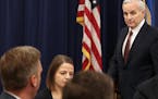 Gov. Mark Dayton gave a look to House Speaker Kurt Daudt as he walked out of a meeting they held to discuss the possibility of a special session on he