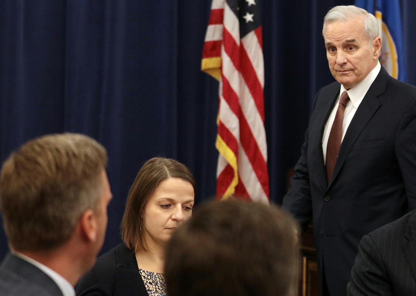 Gov. Mark Dayton gave a look to House Speaker Kurt Daudt as he walked out of a meeting they held to discuss the possibility of a special session on health care Friday. ] ANTHONY SOUFFLE &#x2022; anthony.souffle@startribune.com Gov. Mark Dayton and House Speaker Kurt Daudt held a meeting to discuss the possibility of a special session on health care Friday, Dec. 16, 2016 at the Veterans Service Building in St. Paul, Minn.