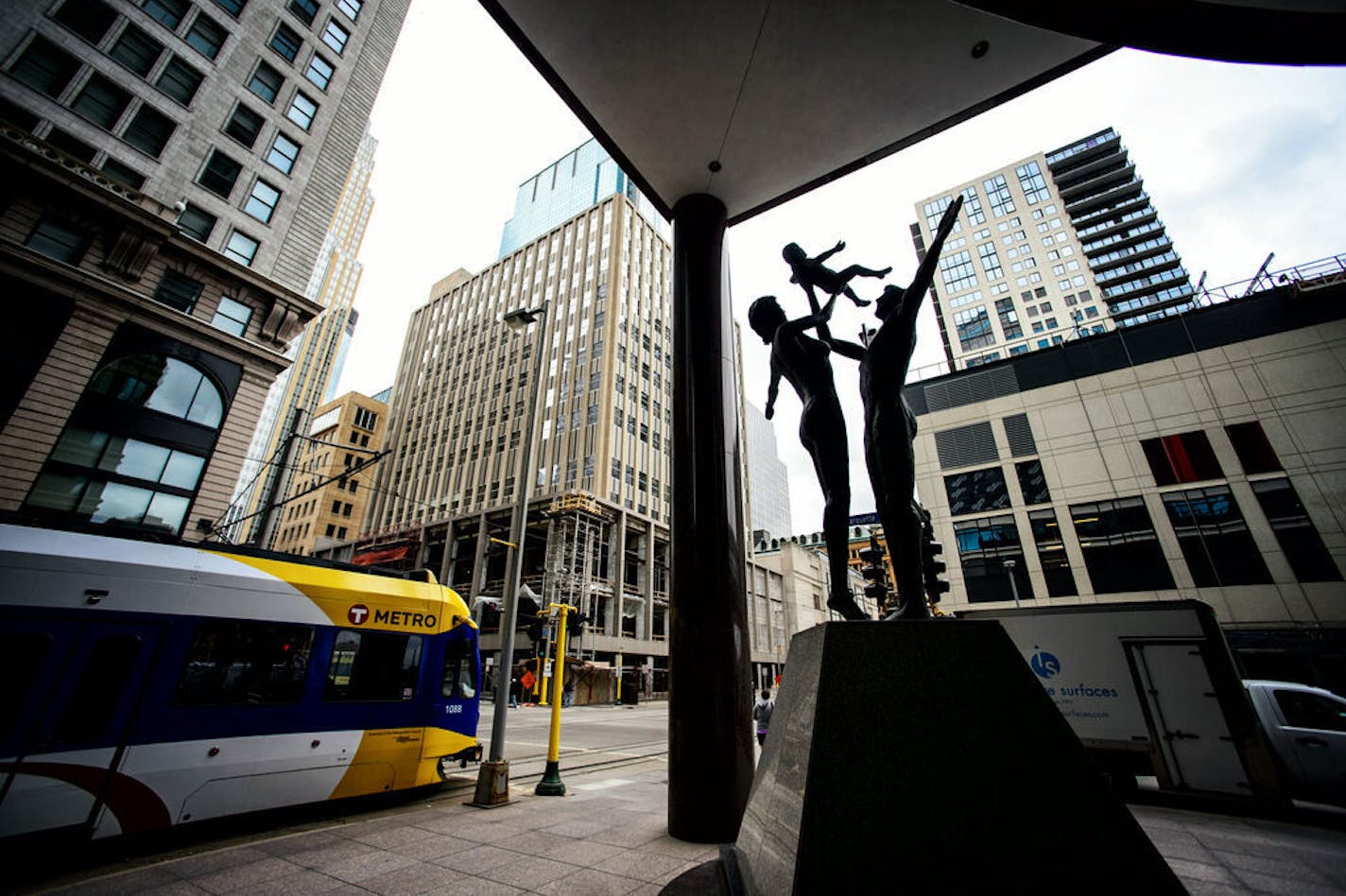 On the left are the new Soo Line Building City Apartments, center is the 510 Marquette Building and on the left the Nic on 5th. Construction in the northern stretch of Nicollet Mall where the new residents are moving in between Fourth and Fifth streets. Thursday June 12, 2014 ] GLEN STUBBE * gstubbe@startribune.com