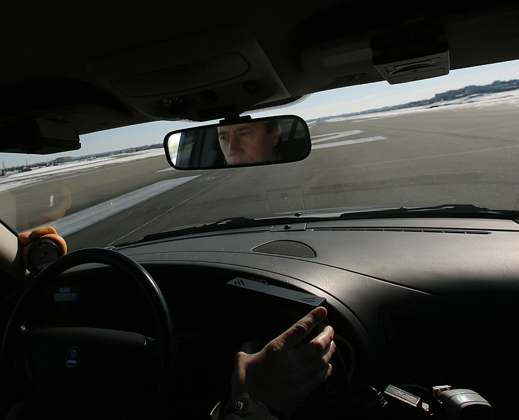 Jeff Mattson, an airside operations duty manager at the airport, demonstrated how one of the Saab automobiles is used to measure friction