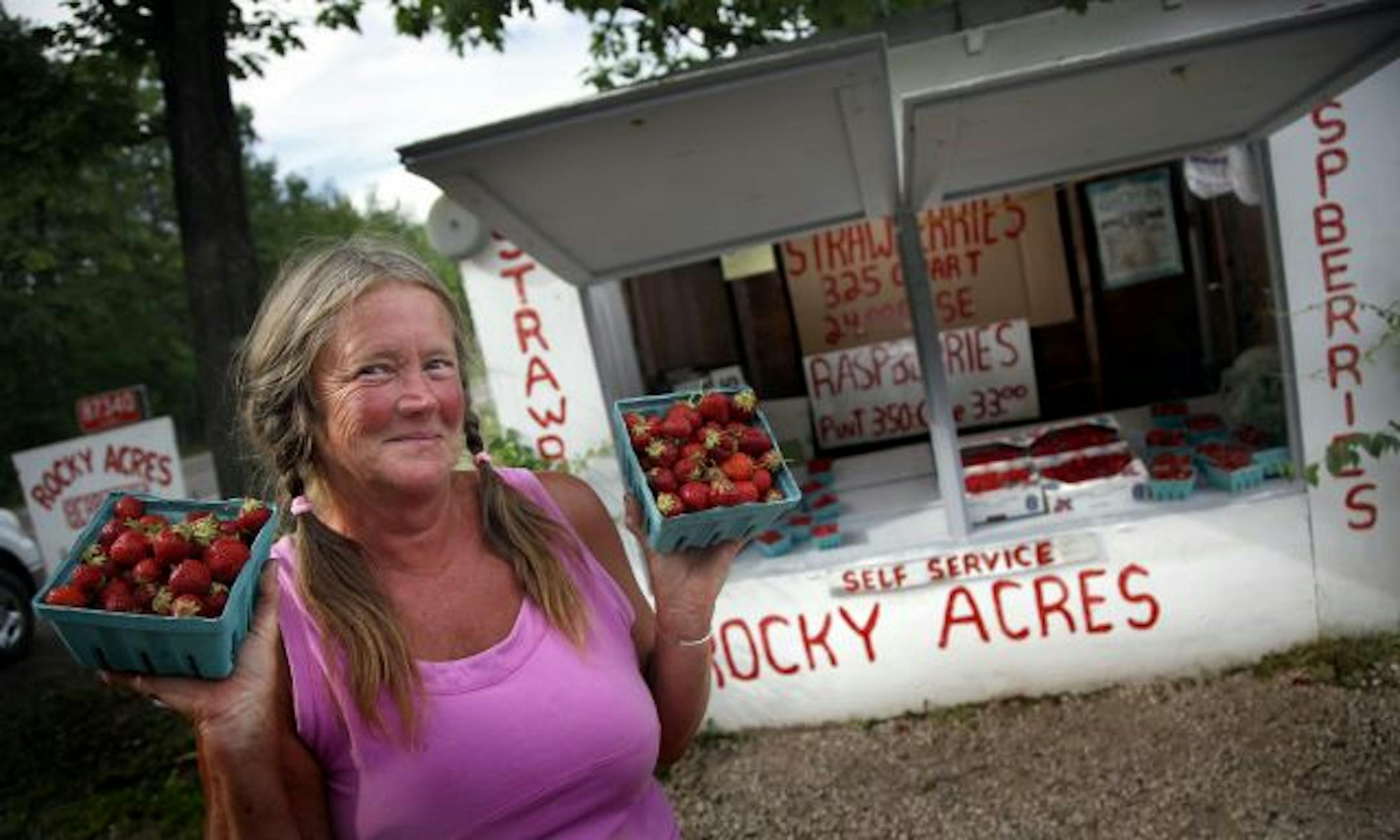 Brenda Erickson shows off some of the strawberries from the self-serve roadside stand outside her Rocky Acres Berry Farm, which flourishes in a temperate microclimate in the hills above Bayfield.