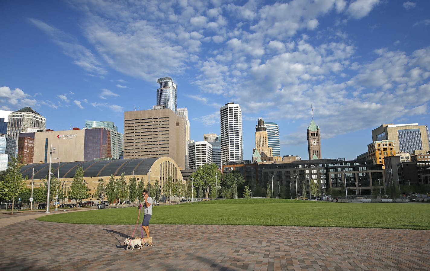 Jeff Holz takes advantage of the Common park, walking his two french bulldogs Stitch and Bella in the morning hours in downtown Minneapolis MN. The new, much-debated Commons park opened to little fanfare. But the people's park is turning out to be much better than early opponents expected. [ Star Tribune Photo by Tom Wallace &#x2022; tom.wallace@startribune.com EXTRA INFO: Freelancer Frank Martin Tuesday July 26, 2016