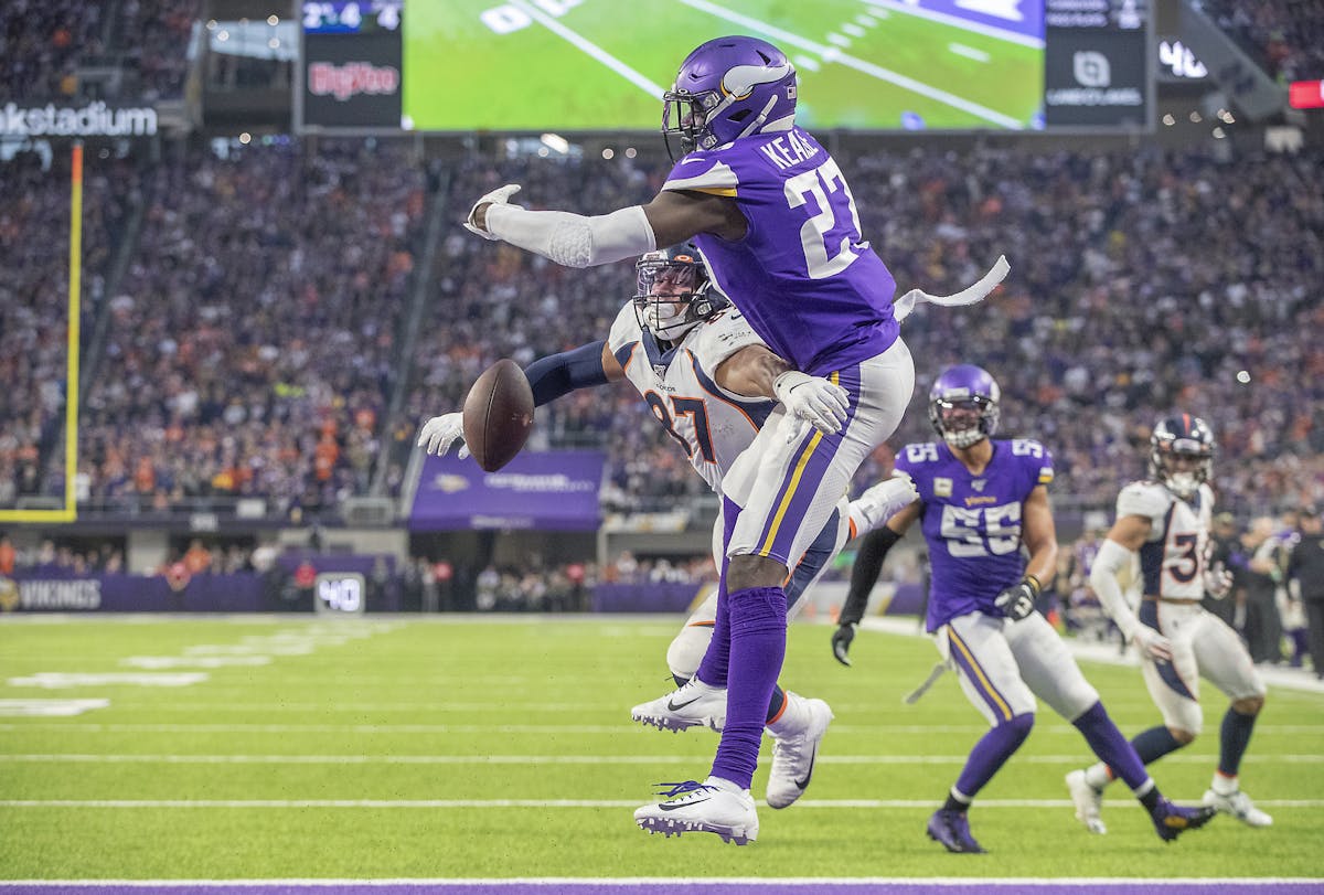 Minnesota Vikings' safety Jayron Kearse stopped a pass intended for Denver Broncos' tight end Noah Fant in the end zone during the last few seconds of