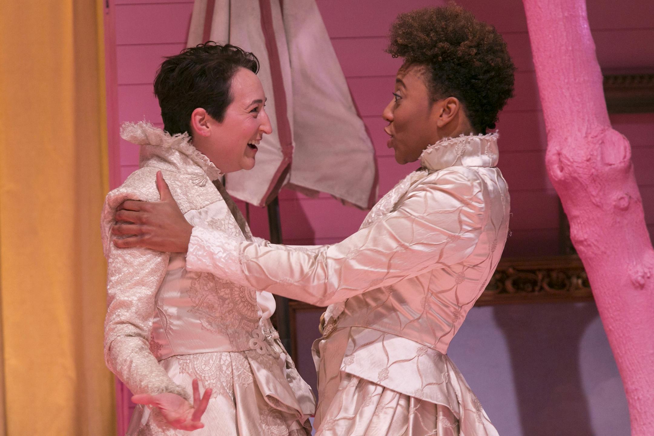 Valentine (Mo Perry) with best friend Proteus (Christiana Clark) in "The Two Gentlemen of Verona" at the Jungle Theater. credit: Heidi Bohnenkamp