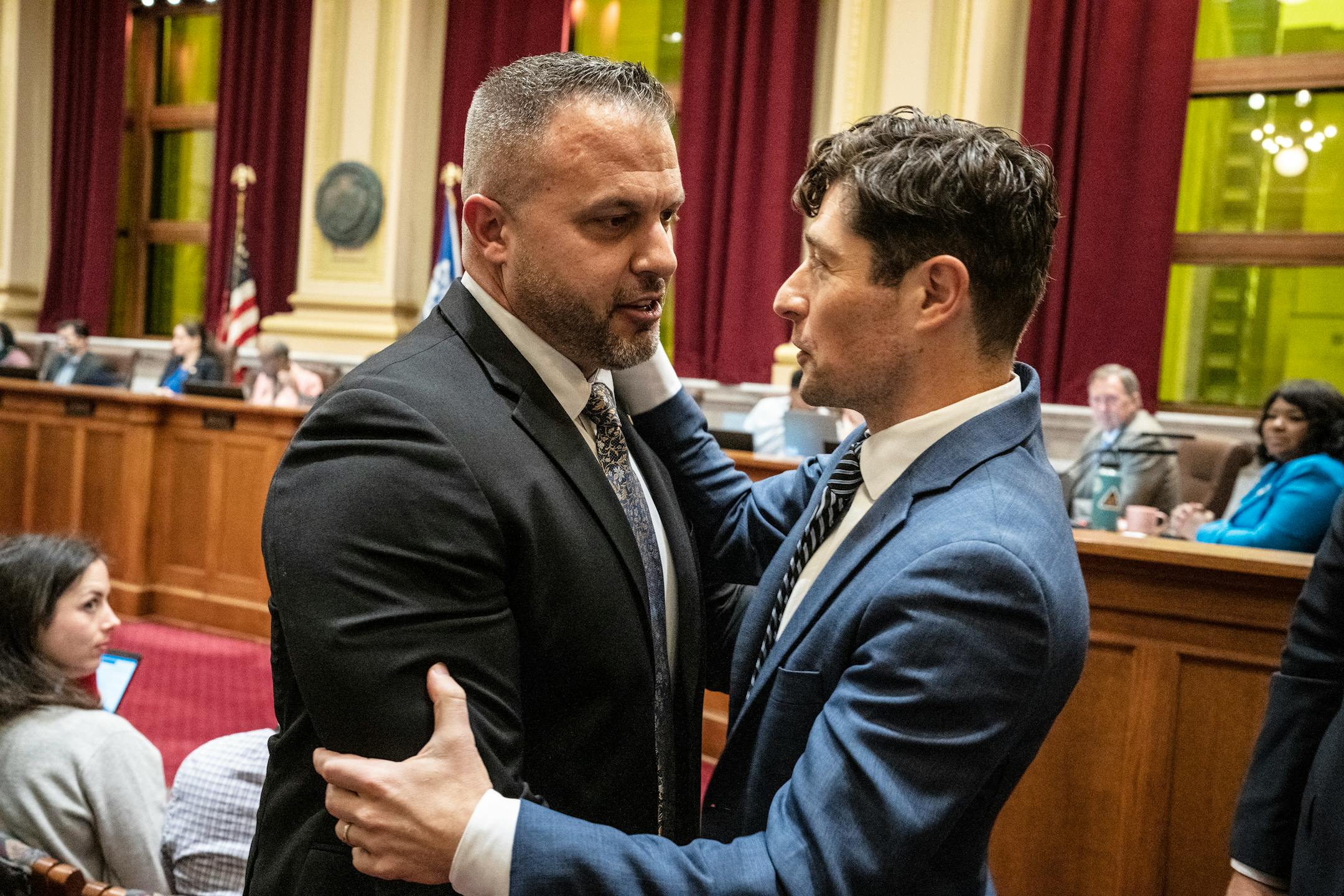 Brian O'Hara, left was congratulated by Mayor Jacob Frey, after he was voted in as the new Minneapolis police chief.