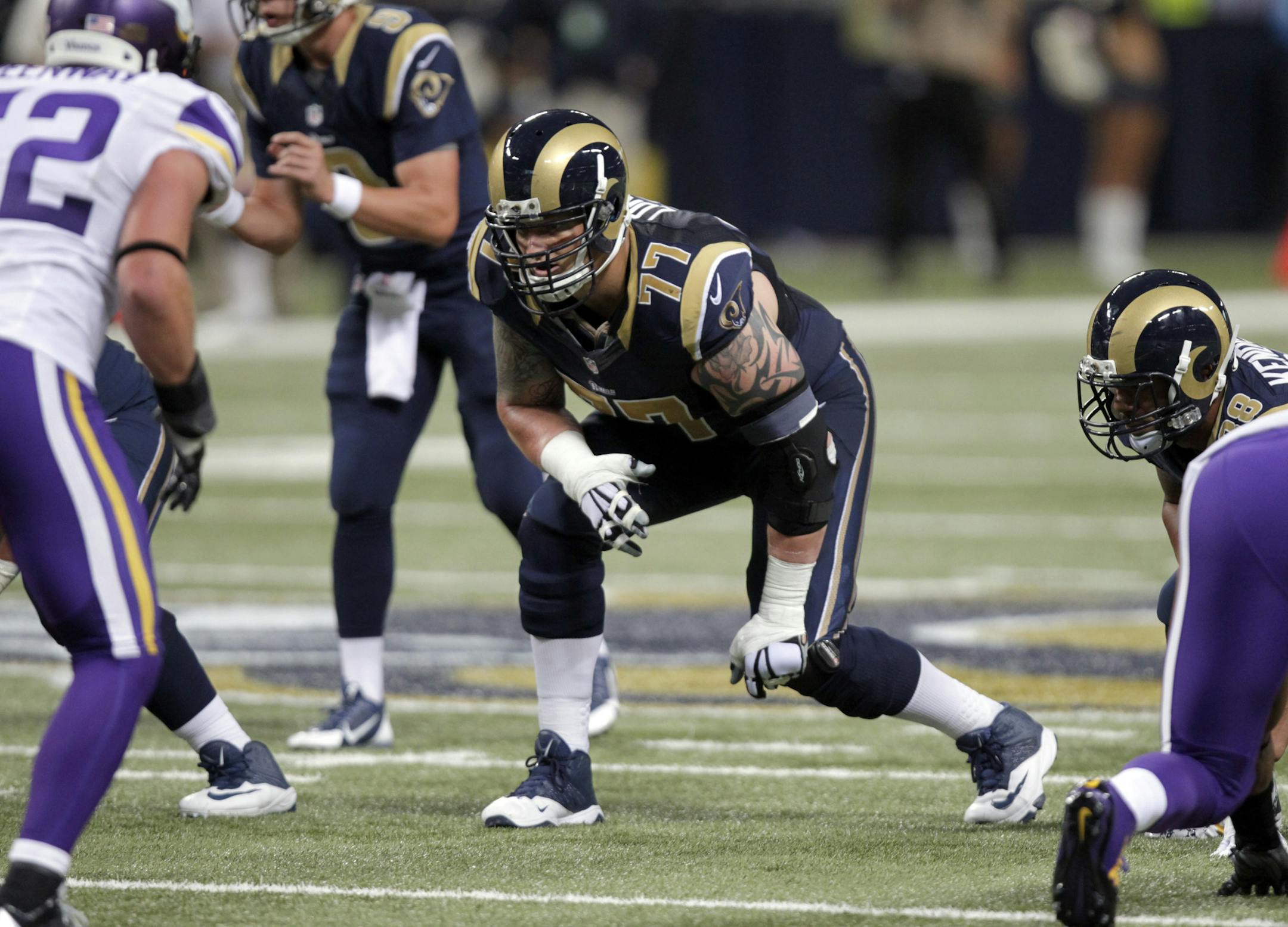 St. Louis Rams offensive tackle Jake Long takes up his position during the third quarter an NFL football game against the Minnesota Vikings Sunday, Sept. 7, 2014, in St. Louis. (AP Photo/Tom Gannam) ORG XMIT: MOJR