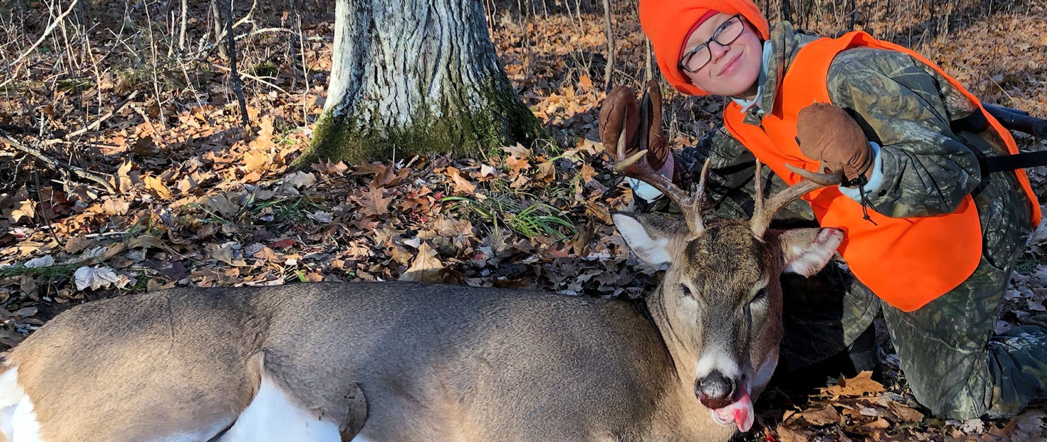 Noah LaPorte, 13, of Baxter, Minn., was with his grandfather on private land near Crosslake when this buck stepped out of a nearby thicket shortly after the two hunters made a racket getting to their stand. Noahís first shot hit the deerís leg, stopping him long enough for a second shot.