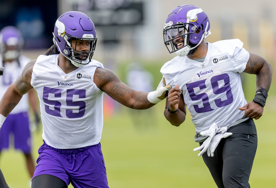 New Vikings linebacker Zach McCloud, right, and Za’Darius Smith, left, practices with Zach McCloud on Tuesday at the TCO Performance Center in Eagan.