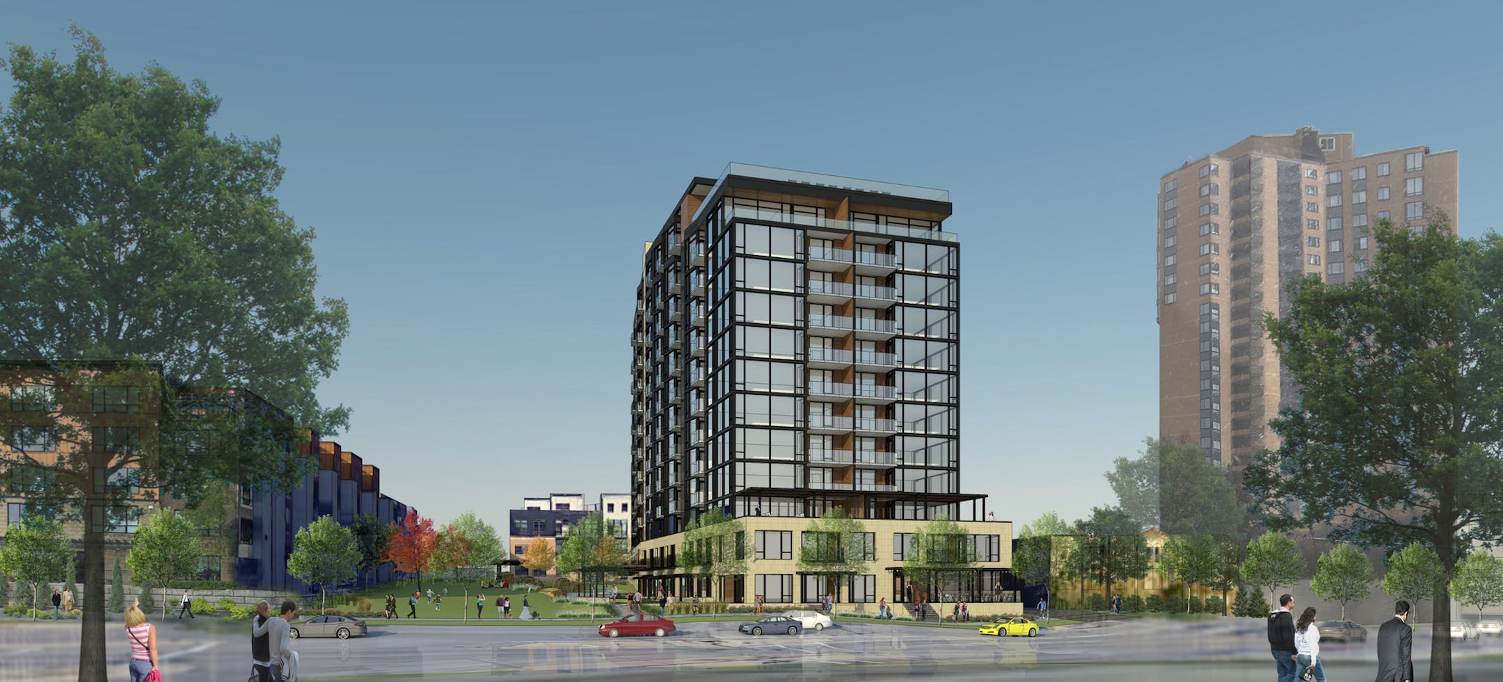 Denver developer's plans for 200 apartments or condos overlooking Lake Calhoun. This is the 13-story option. ESG Architects