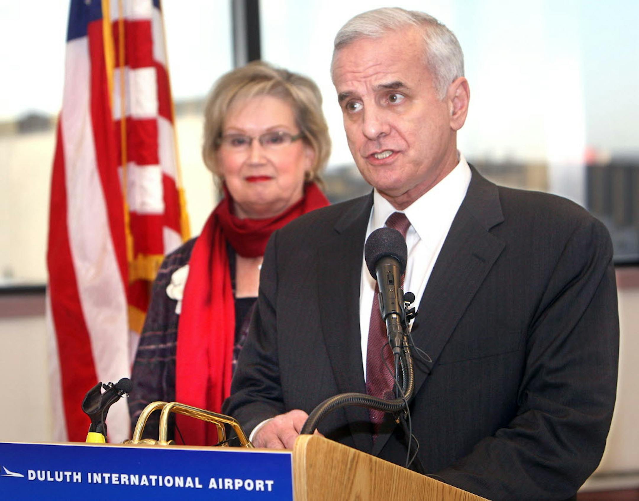 Minnesota Gov. Mark Dayton discusses his budget during a stop in Duluth Wednesday.
