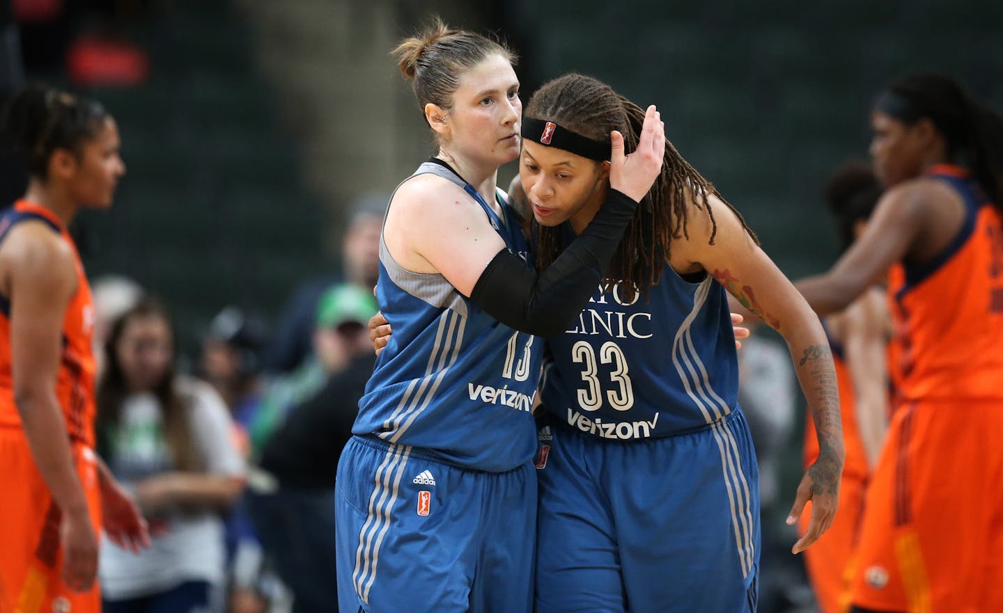 Minnesota Lynx guard Lindsay Whalen (13) left and Seimone Augustus (33) celebrated a 80- 78 win over Connecticut at Xcel Energy Center May 22, 2017 in St. Paul, MN. ] JERRY HOLT &#xef; jerry.holt@startribune.com