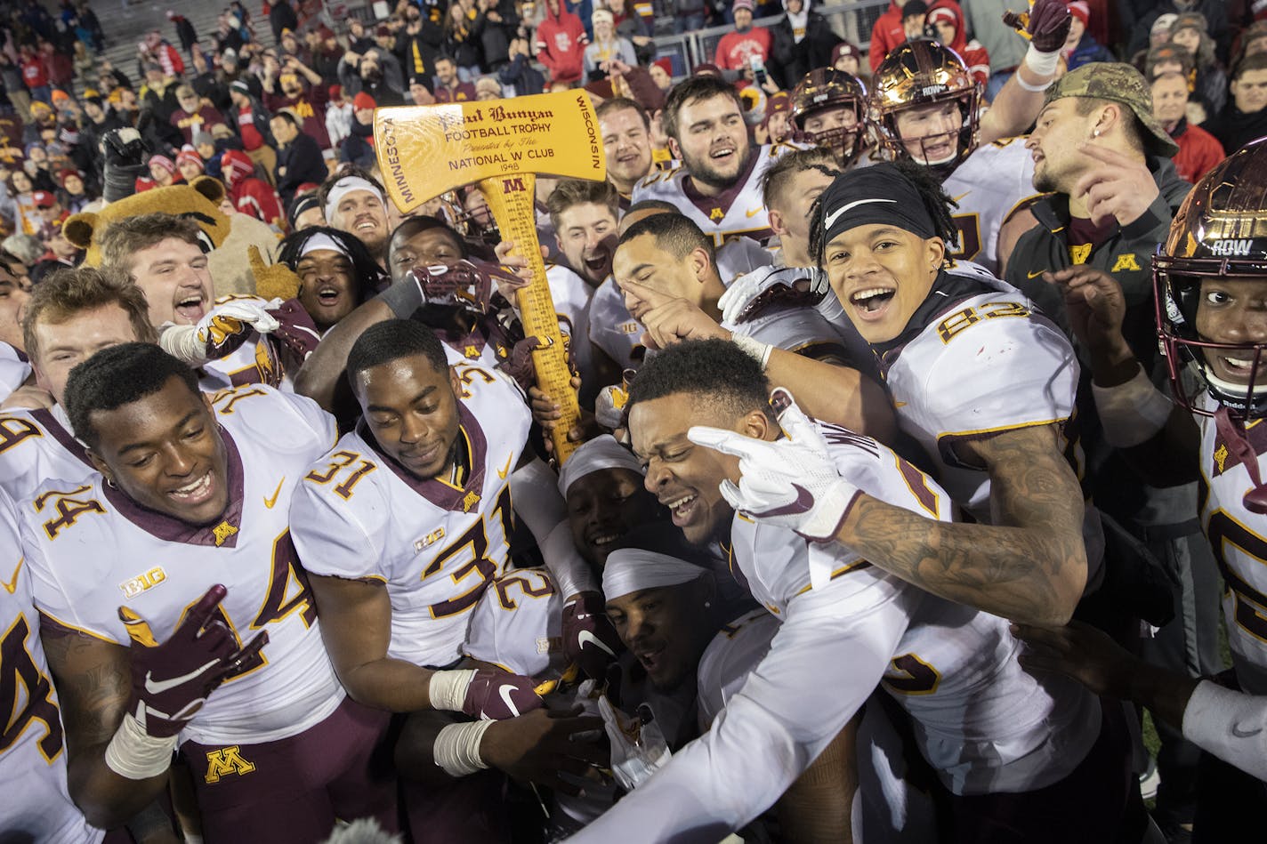 After 15 years Minnesota took back the Paul Bunyan's Axe after they defeated Wisconsin 37-15 at Camp Randall Stadium, Saturday, November 24, 2018 in Madison, Wis. It's the 128th meeting between the two teams. ] ELIZABETH FLORES &#x2022; liz.flores@startribune.com