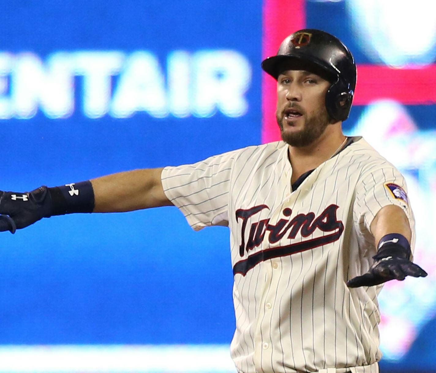 Twins Trevor Plouffe called himself safe at second base in the second inning. ] (KYNDELL HARKNESS/STAR TRIBUNE) kyndell.harkness@startribune.com Twins vs Cleveland at Target Field in Minneapolis Min., Wednesday September 23, 2015.