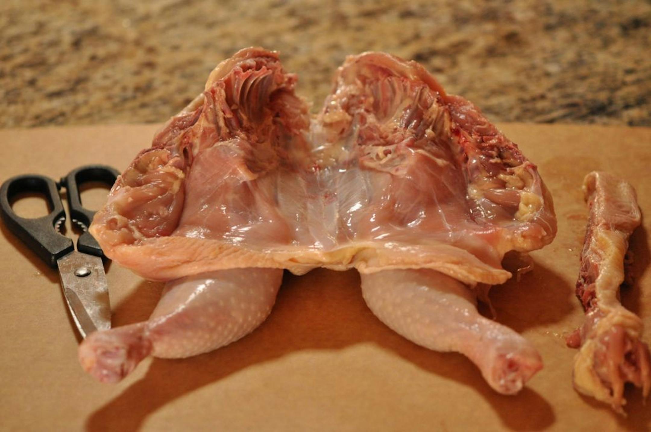 When the backbone is removed, the chicken will look like this before it is flattened by pressing on it.