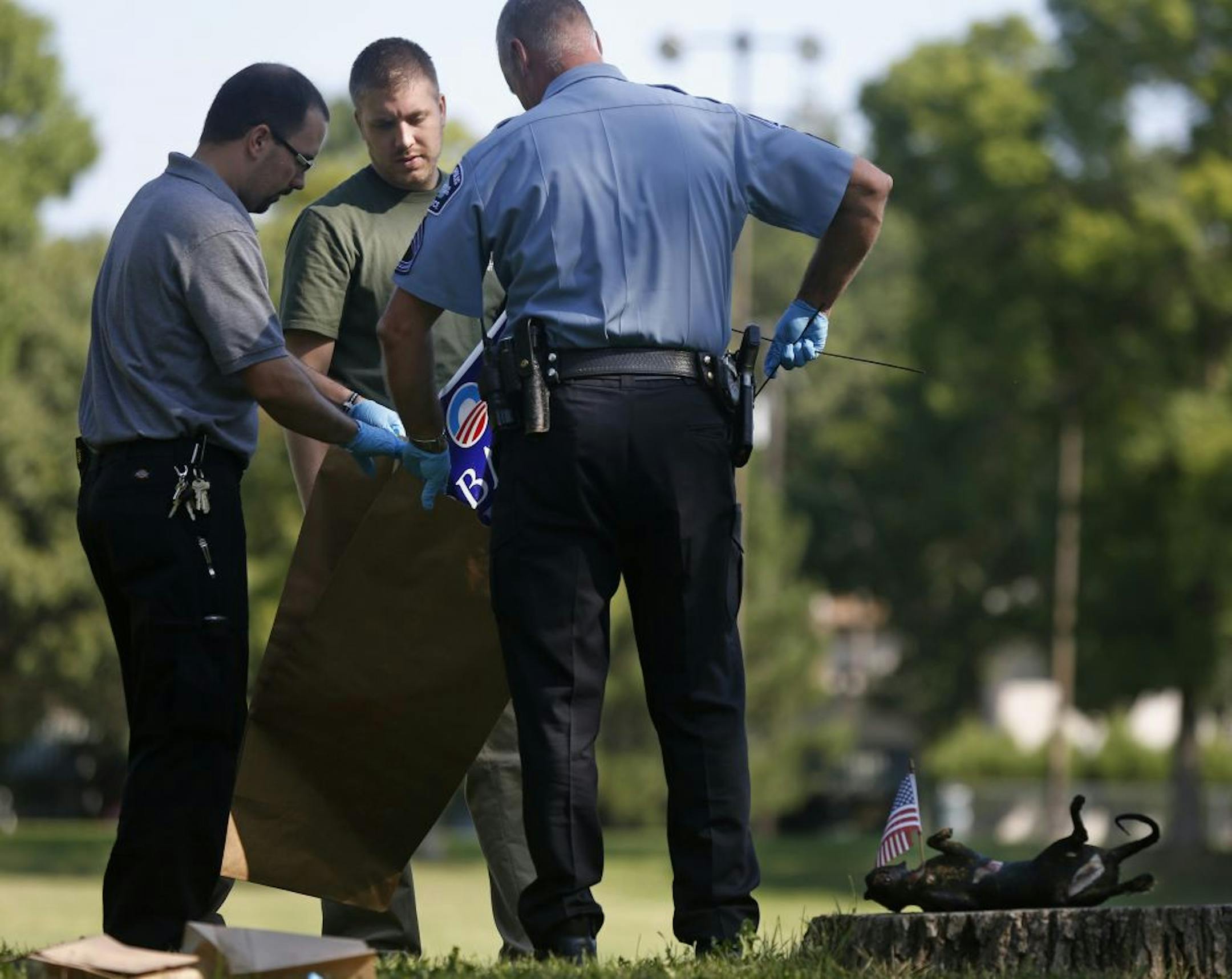 At Longfellow Park in south Minneapolis, a threat to President Obama in the form of a burnt cat staked to a tree stump drew the attention of the Minneapolis crime lab and police. The cat in Longfellow Park was staked with a handheld American flag on a small stick, according to a federal law enforcement official . Standing next to the cat was an Obama/Biden 2012 law sign.