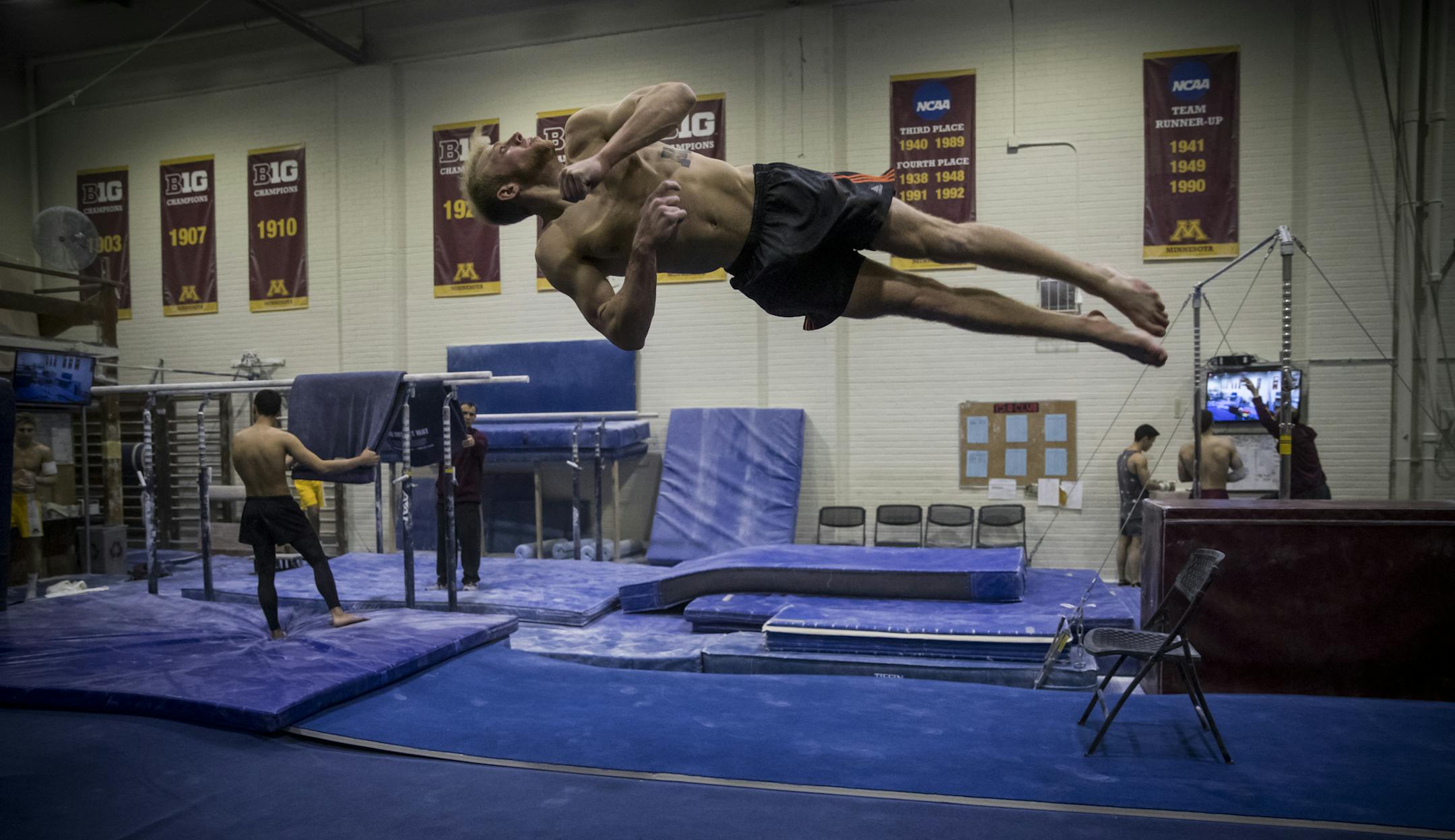 Inside Cooke Hall, which Gophers men’s gymnastics coach Mike Burns called a “hard sell” for recruits, junior Jack Kramer worked on his floor routine.