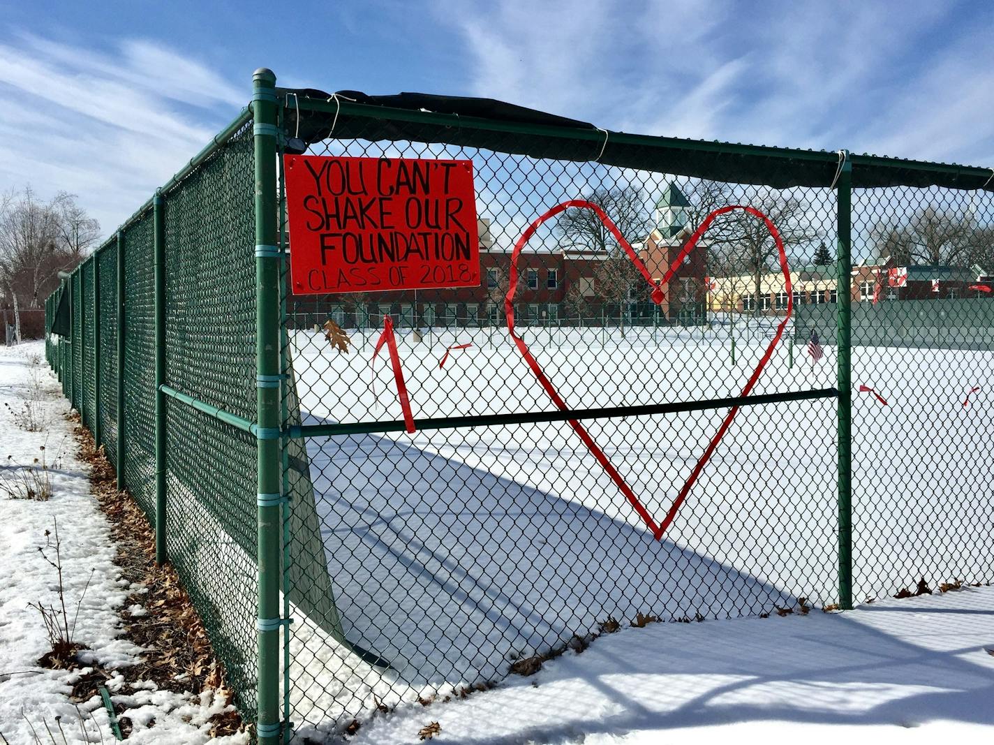 The Upper Campus at Minnehaha Academy had signs of support outside, but the school sat deserted Friday, March 9, 2018 because classes have temporarily relocated during the demolition and rebuilding of the campus after last year's gas explosion.