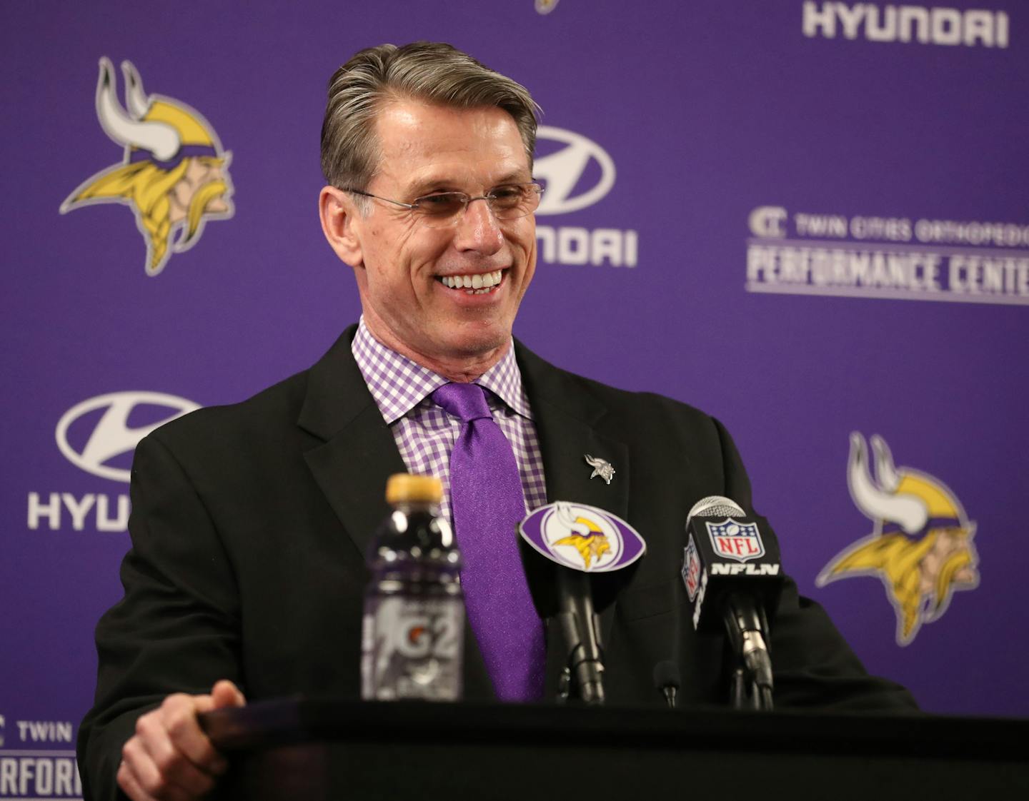 Minnesota Vikings general manager Rick Spielman speaks about first-round pick cornerback Mike Hughes from the University of Central Florida during a news conference on Friday, April 27, 2018, at the Twin Cities Orthopedics Media Center in Minneapolis. (David Joles/Minneapolis Star Tribune/TNS) ORG XMIT: 1229773