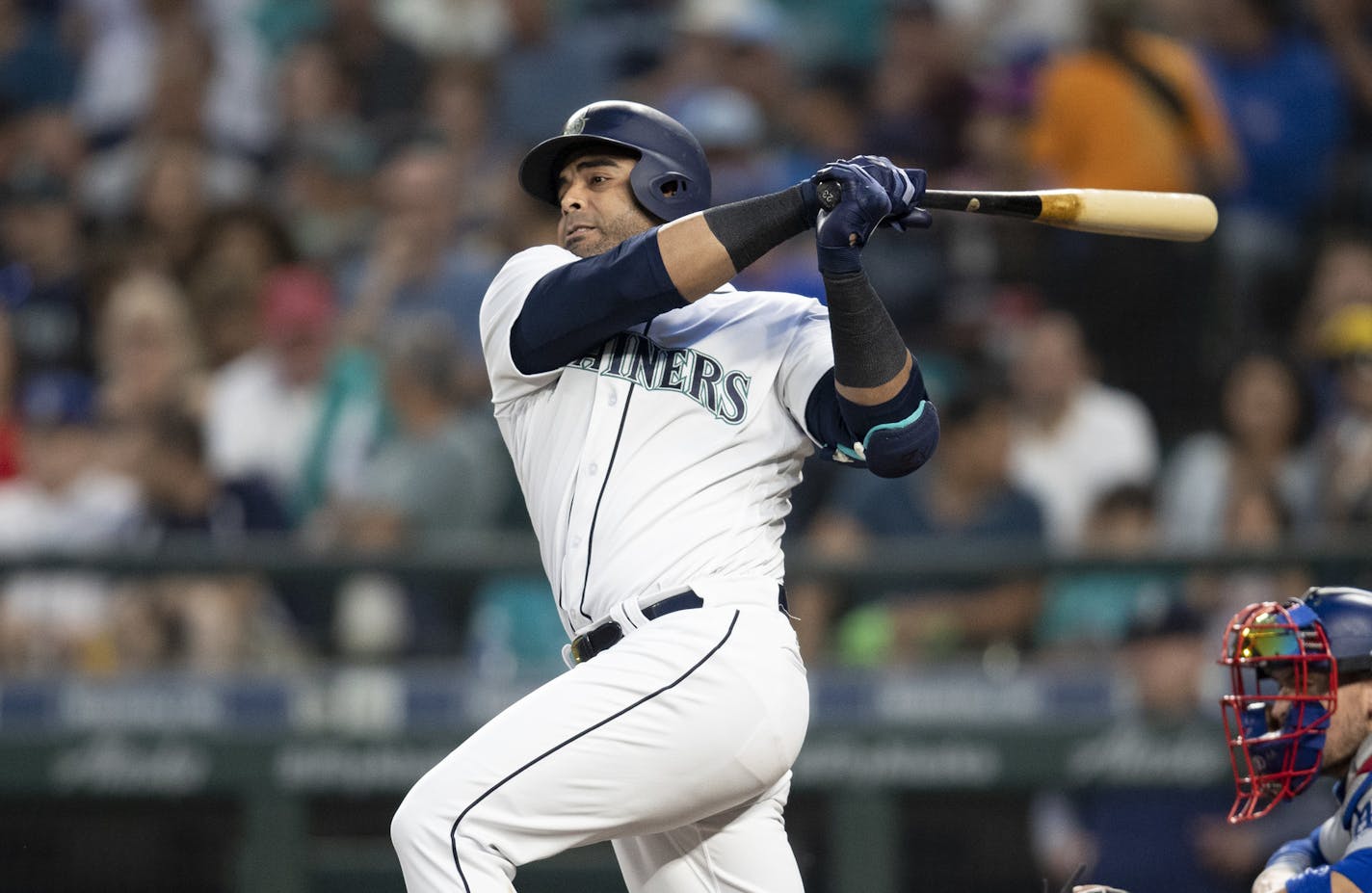 Seattle Mariners' Nelson Cruz takes as swing during an at-bat in a baseball game against the Los Angeles Dodgers, Saturday, Aug. 18, 2018, in Seattle. The Mariners won 5-4 in 10 innings. (AP Photo/Stephen Brashear) ORG XMIT: OTK29