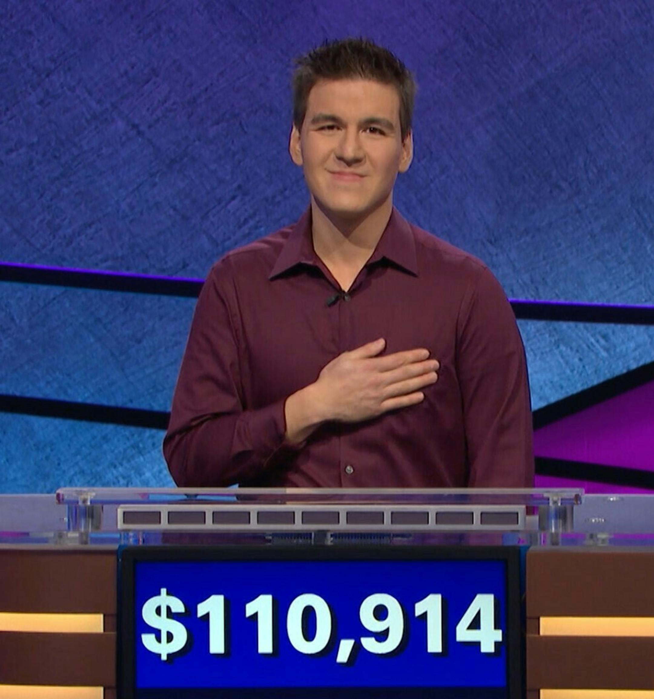 This image made from video aired on "Jeopardy!" on Tuesday, April 9. 2019, and provided by Jeopardy Productions, Inc. shows James Holzhauer. The 34-year-old professional sports gambler from Las Vegas won more than $110,000 on "Jeopardy!" on Tuesday, breaking the record for single-day cash winnings. (Jeopardy Productions, Inc. via AP)