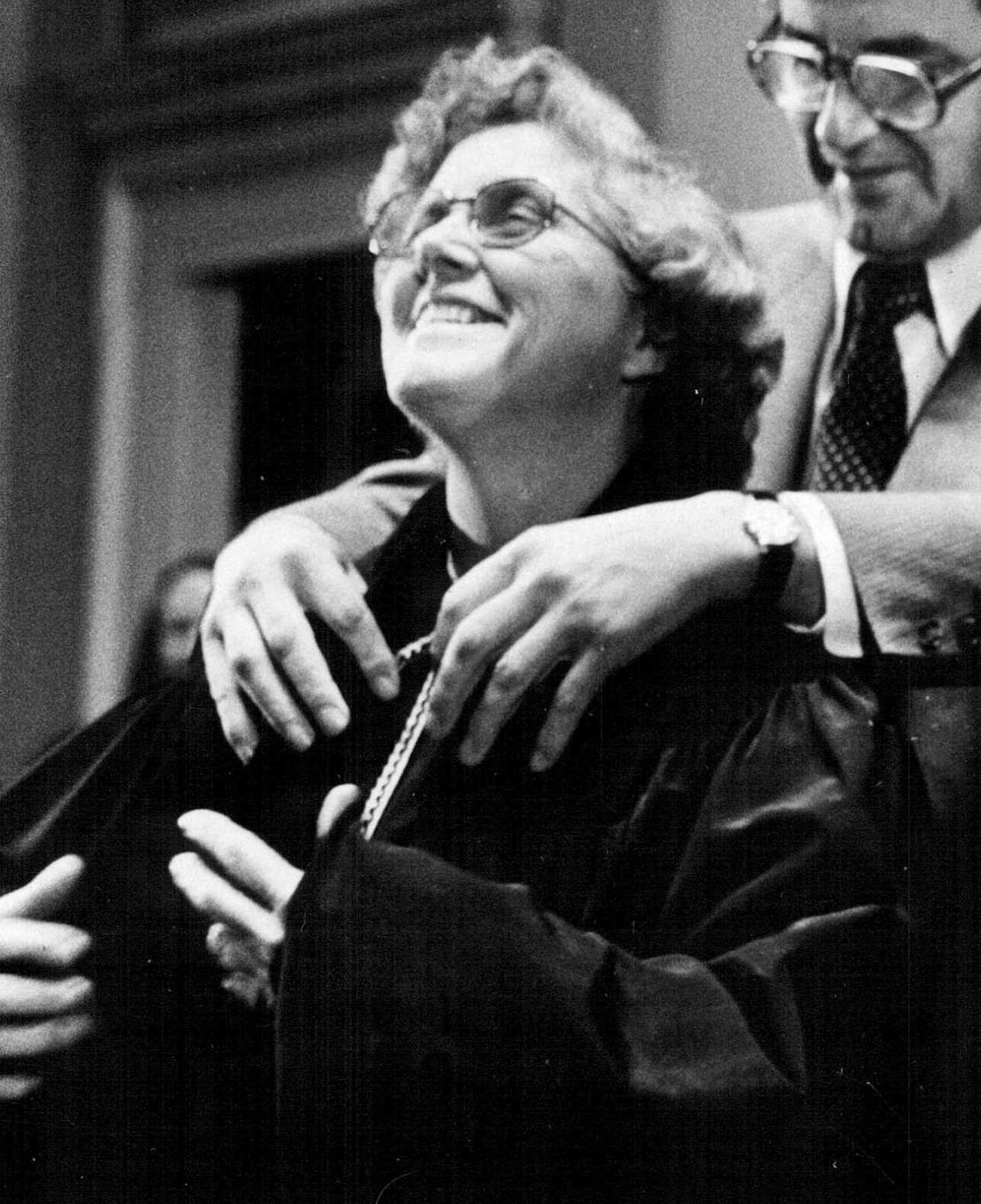 Judge Rosalie Wahl photo - She became the 72nd judge and first woman sworn in on the Minnesota Supreme court. She was sworn in by Chief Justice Robert Sheran, right, as Gov. Rudy Perpich looked on. Wahl, 52, replaced Harry MacLaughlin, who was named a U.S. district judge. She had served as an associate professor of law at William Mitchell College of Law in St. Paul, MN. --- File photo Oct. 4, 1977 Richard Olsenius/Star Tribune