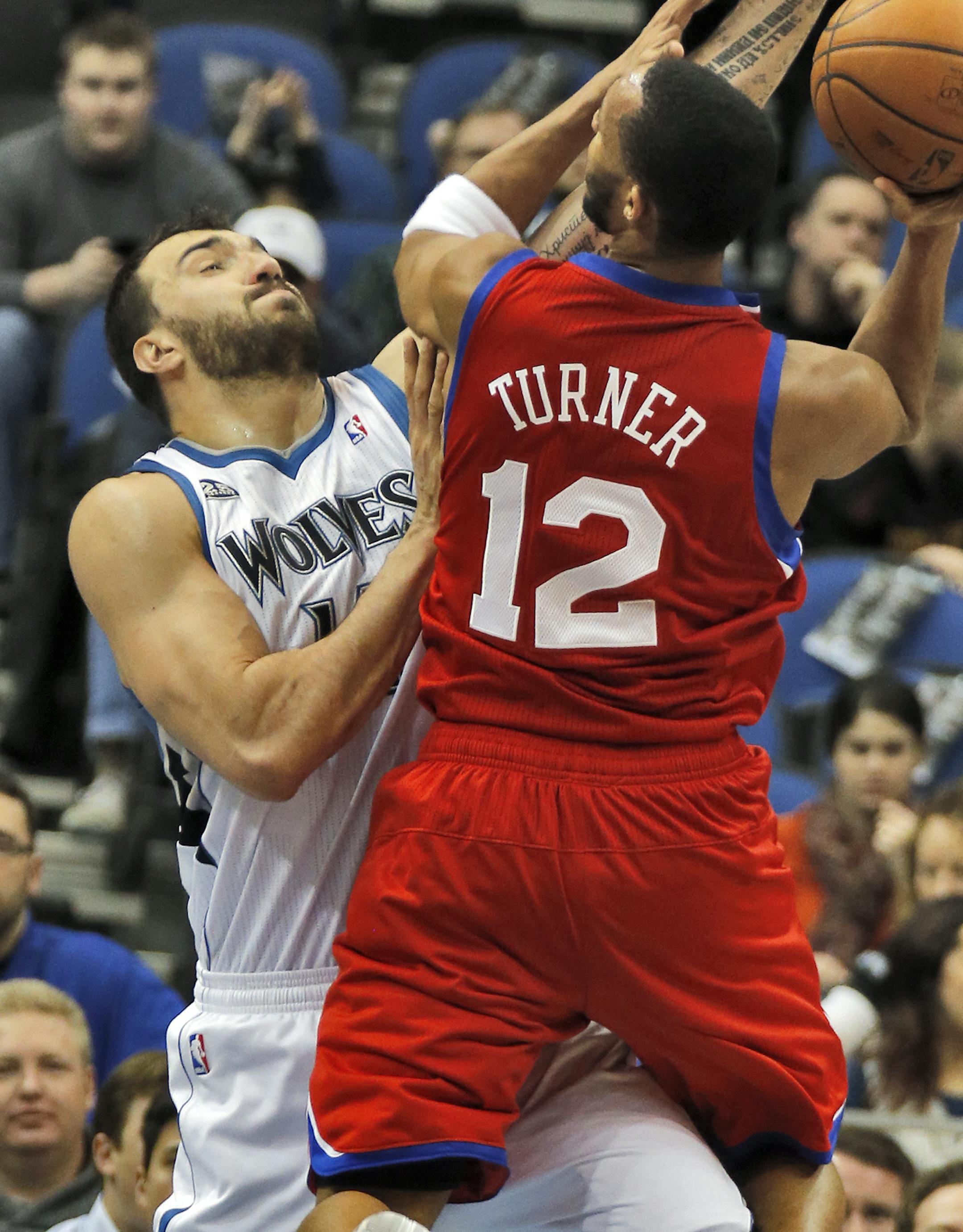 Minnesota Timberwolves vs. Philadelphia 76ers. Minnesota won 106-99. Wolves Nikola Pekovic applied defensive pressure to 76ers Evan Turner. (MARLIN LEVISON/STARTRIBUNE(mlevison@startribune.com)