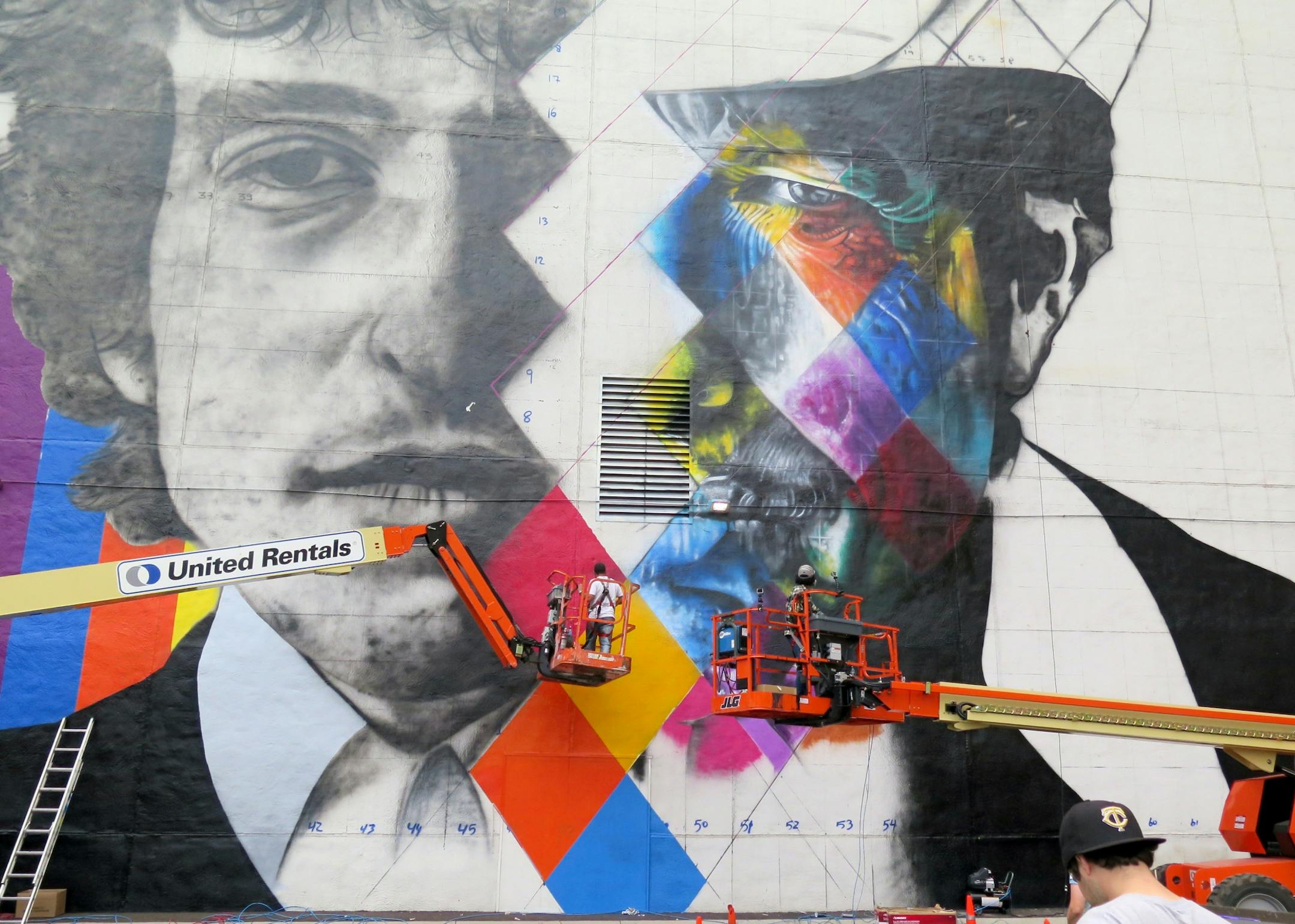 The blank white wall facing the corner of 5th and Hennepin Ave shot Saturday August 29, 2015. The 'canvas' for a mural by Brazillian artist Kobra- with multiple images of Bob Dylan.