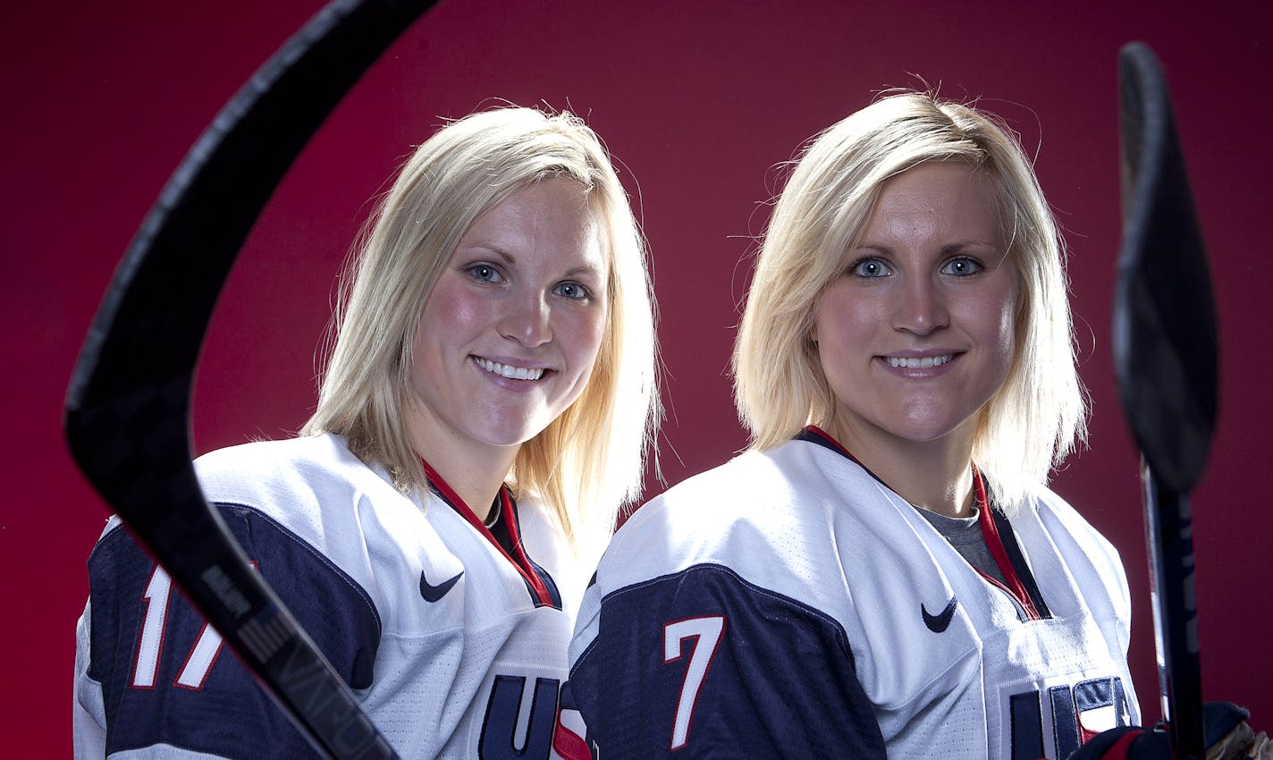 United States Olympic Winter Games Hockey players Jocelyne Lamoureux (L) and Monique Lamoureux; pose for a portrait at the 2013 Team USA Media Summit on Monday, October 2, 2013 in Park City, UT. (AP Photo/Carlo Allegri) ORG XMIT: NYOTK