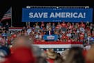 Former President Donald Trump spoke under a “Save America!” Banner at a rally in Waukesha, Wis., Aug. 5, 2022. 